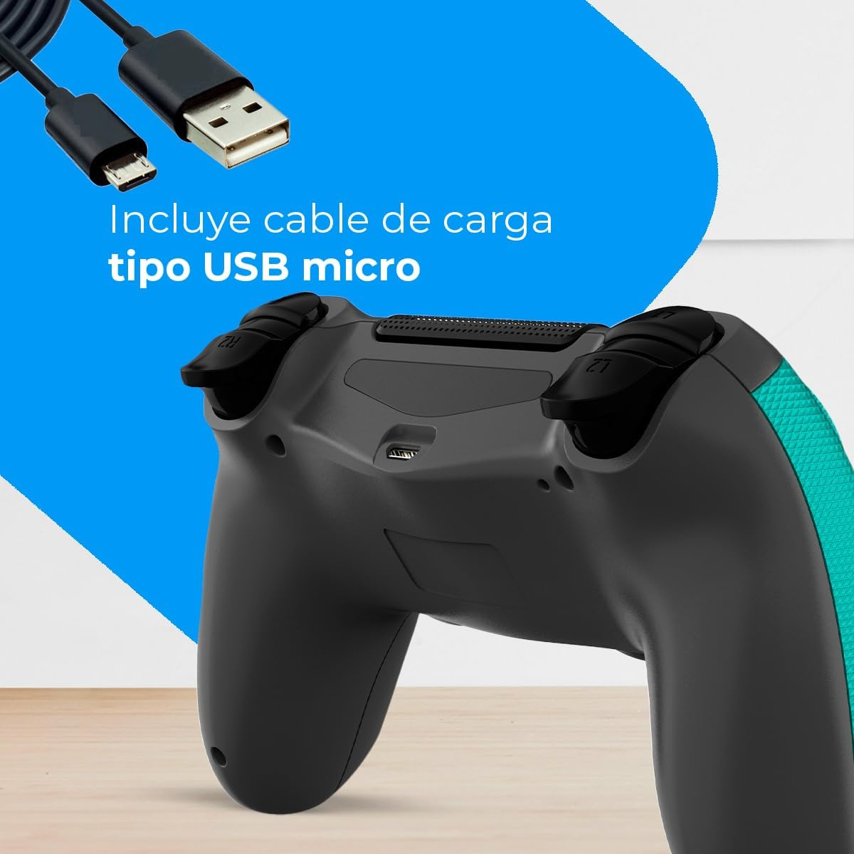 Schwarzer und türkisfarbener Gamecontroller mit einem USB-Micro-Ladekabel.