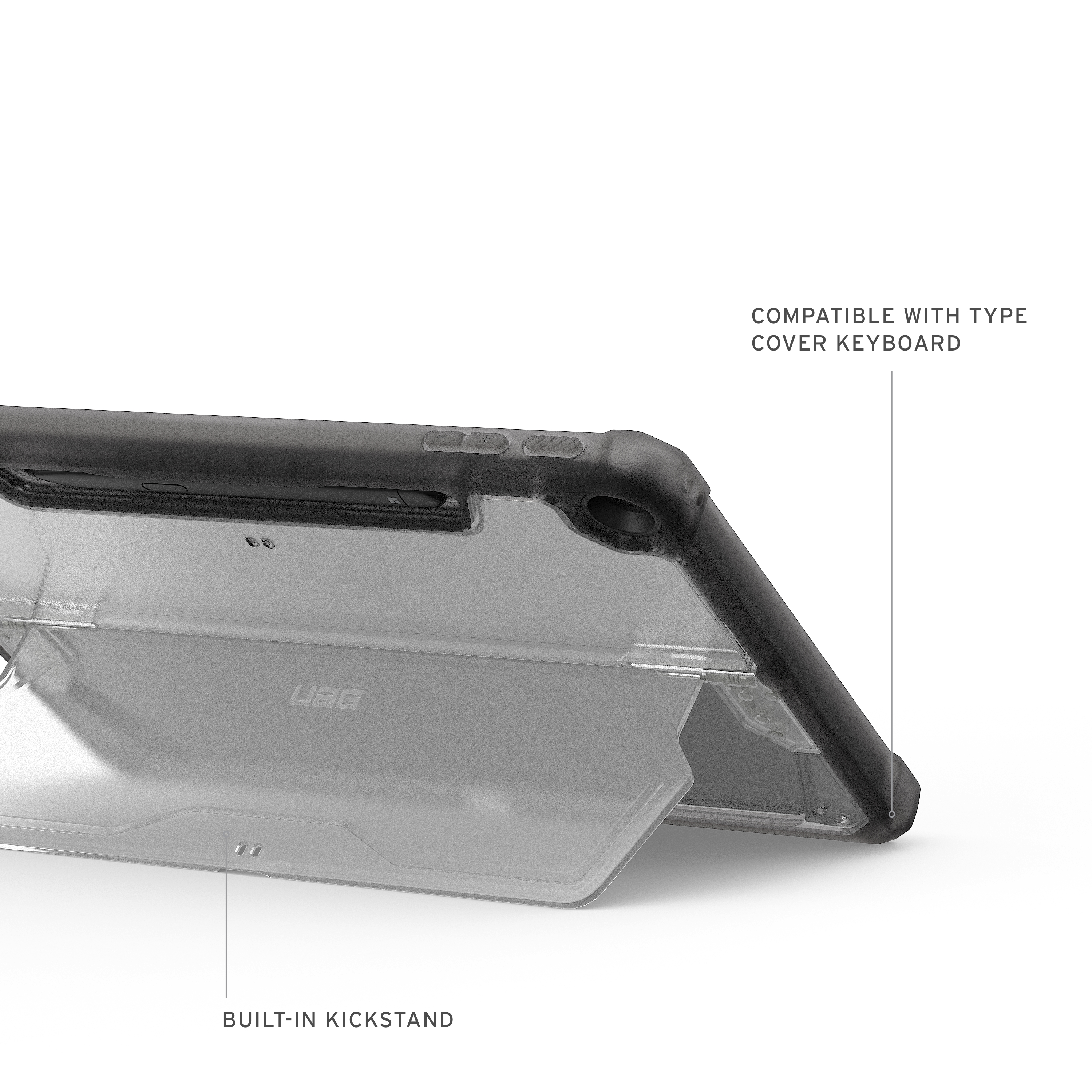 Detail einer Tablet-Hülle. Beschriftungen: Kompatibel mit Type Cover Keyboard und integrierter Ständer. Die Hülle ist klar.