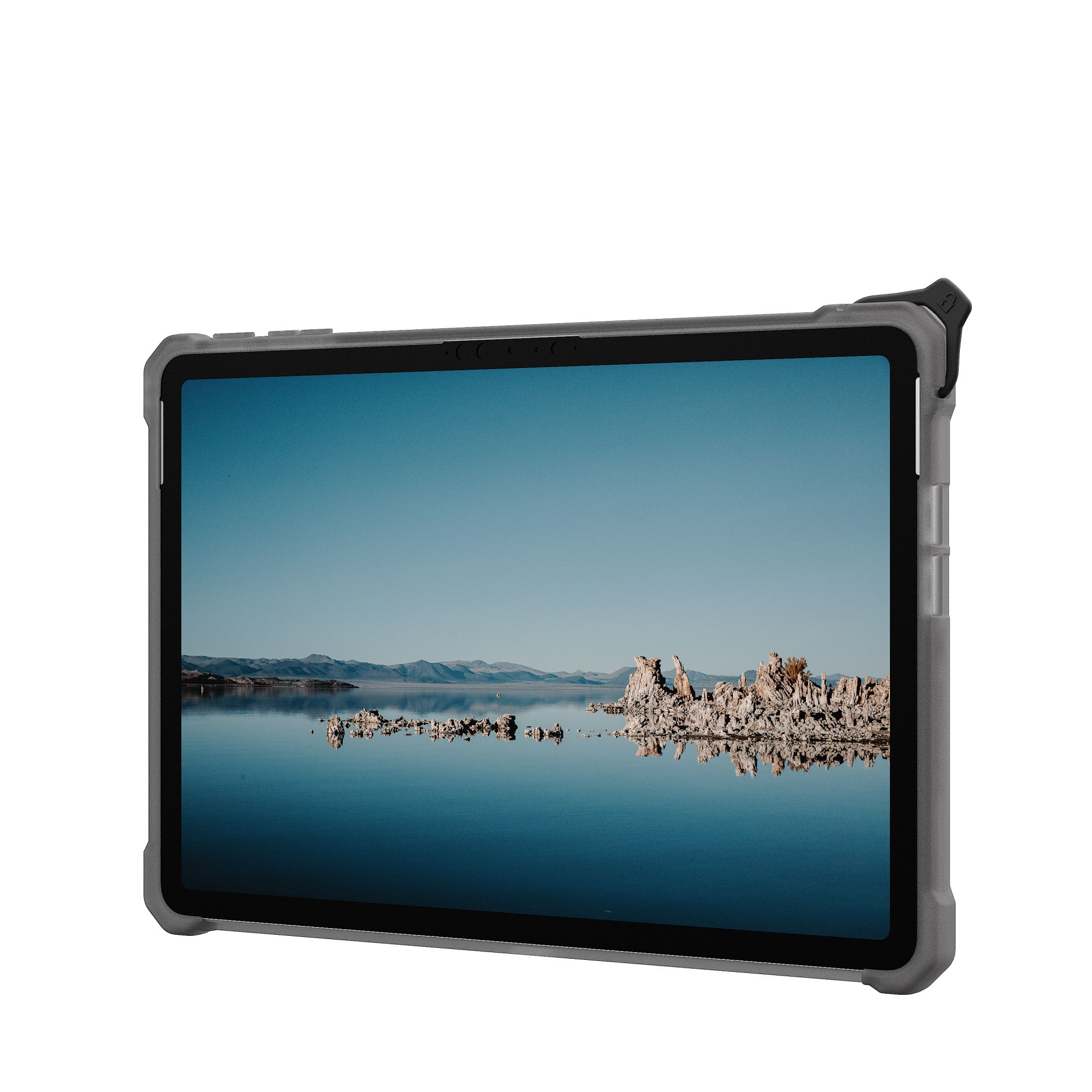 Tablet in einer schwarzen Hülle, das eine Landschaftsansicht anzeigt.