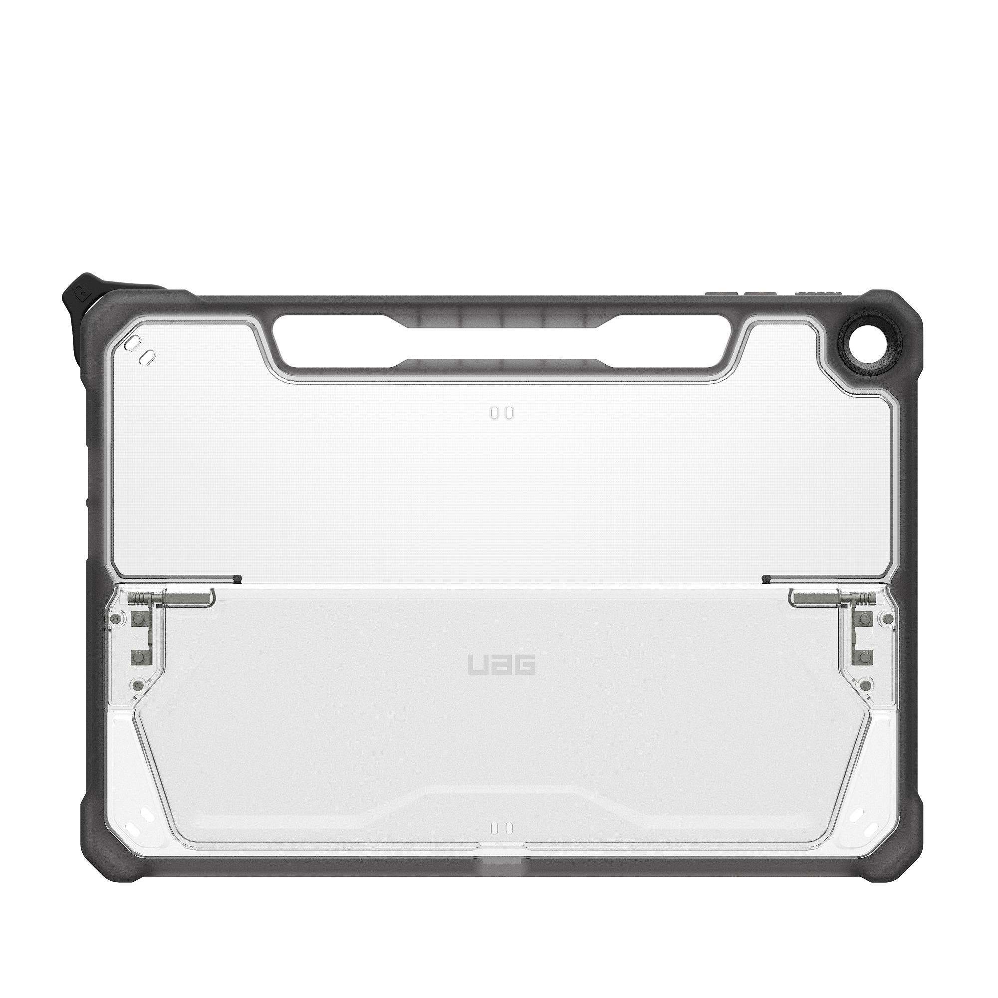 Schwarze und transparente Tablet-Hülle mit robustem Design.