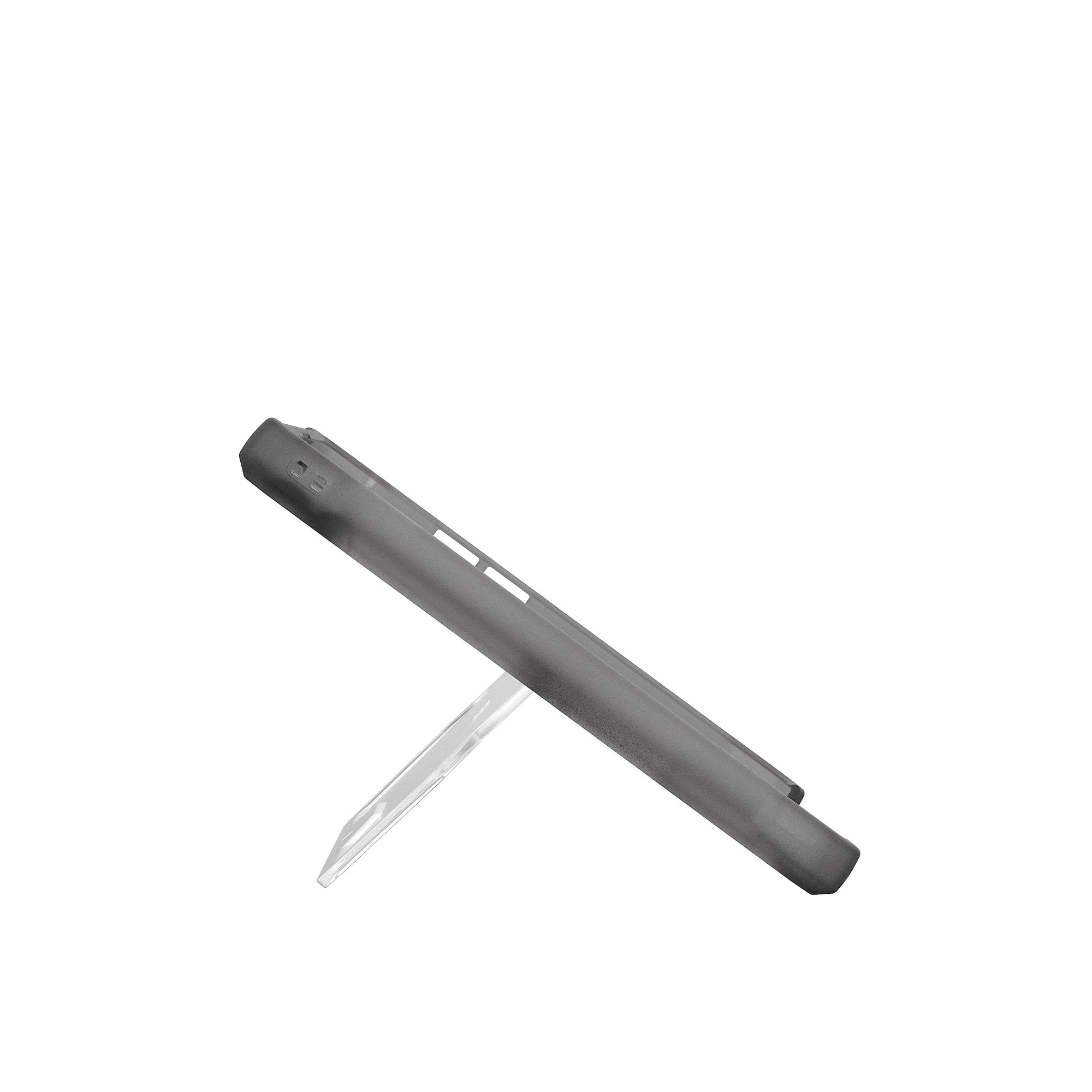 Eine Tablet-Hülle in Schräglage, gestützt durch einen Ständer. Sie besteht aus transparentem Kunststoff.