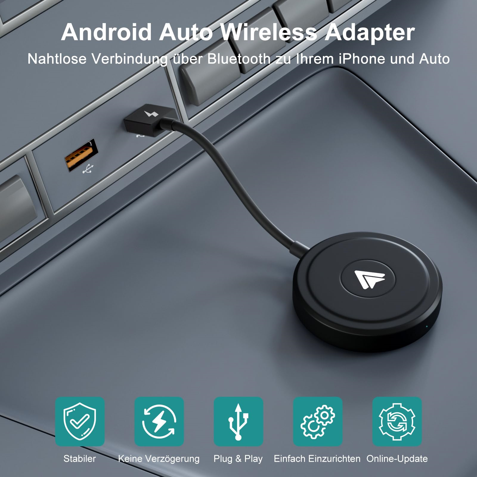 Ein Android Auto Wireless Adapter, der mit einem Laptop verbunden ist. Symbole zeigen Funktionen wie Stabilität und Plug & Play.