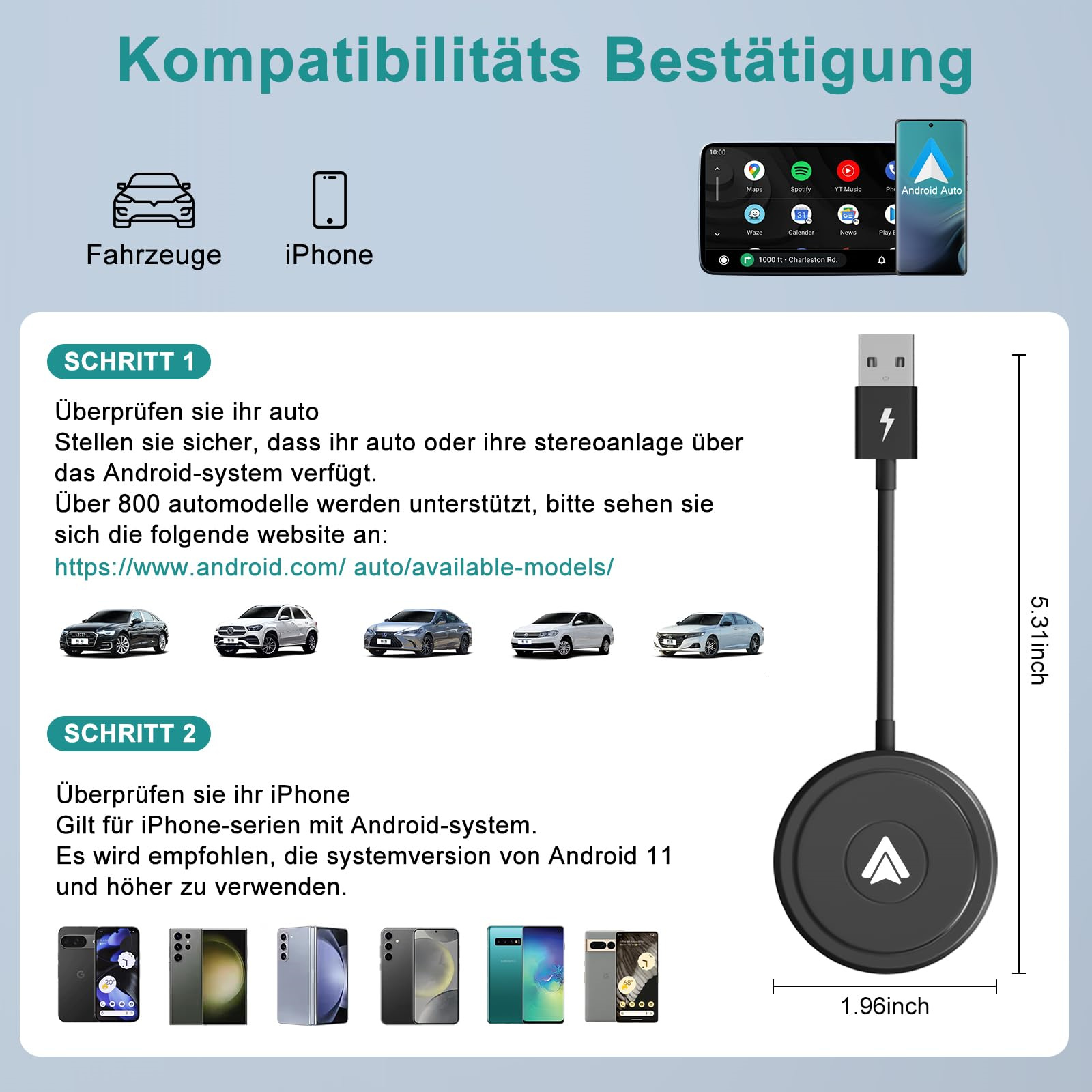 Ein Bild, das die Installation und Kompatibilität eines USB-Adapters mit einem Android-Telefon und einem Autodisplay zeigt.