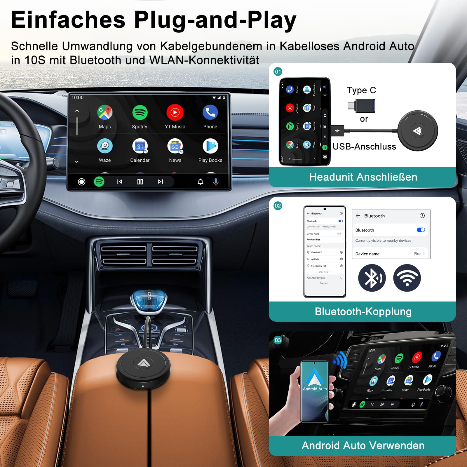 Armaturenbrett mit Bildschirm, der Navigation, Musik- und Telefon-Apps anzeigt, mit Details zur Android Auto-Einrichtung.