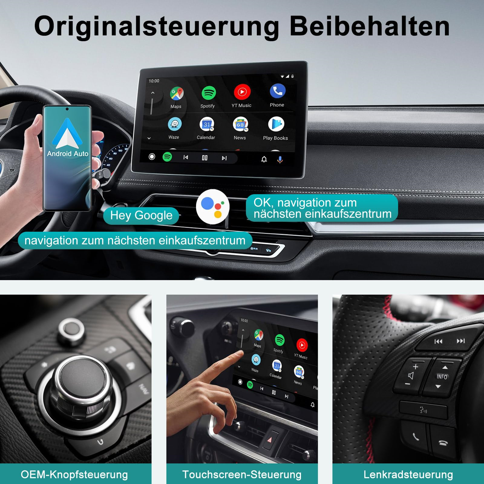 Armaturenbrettanzeige in einem Auto mit Navigations- und Mediensteuerung. Die Anzeige zeigt die Android Auto-Oberfläche.