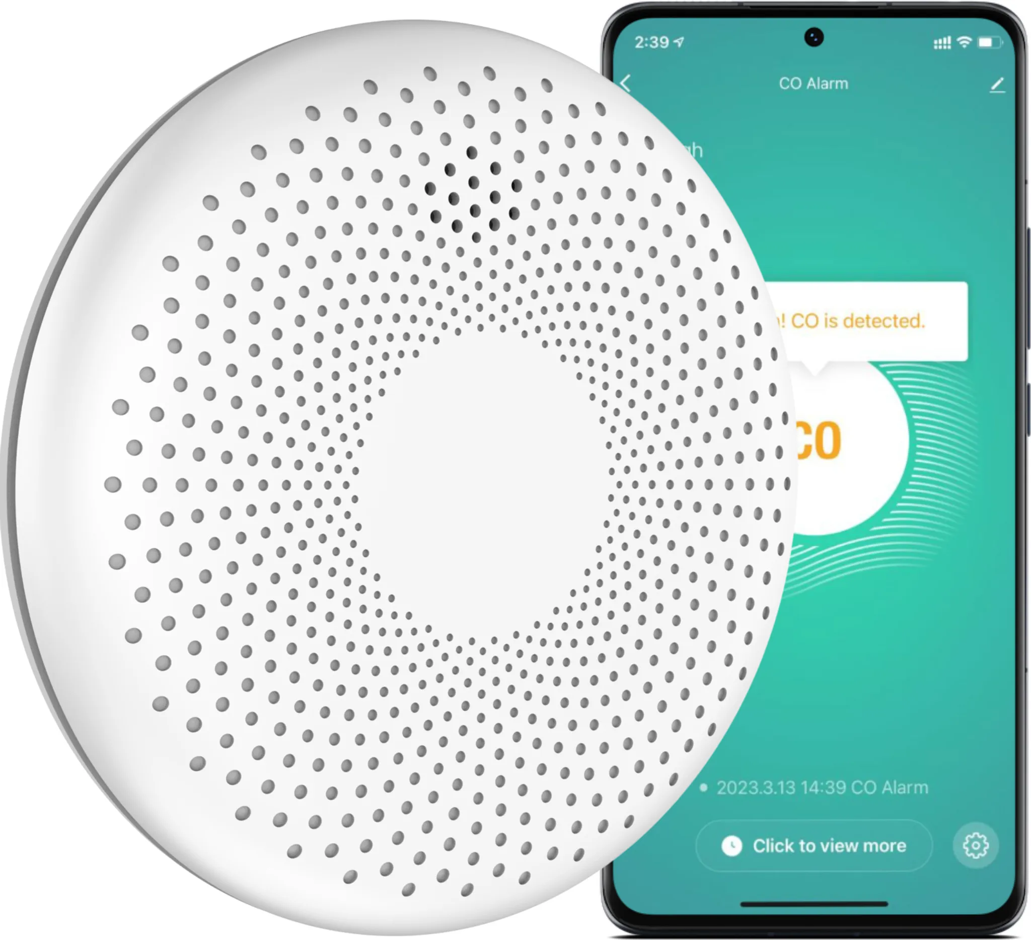 Weißer Rauchmelder mit einem Smartphone, das einen Kohlenmonoxid-Alarm zeigt.