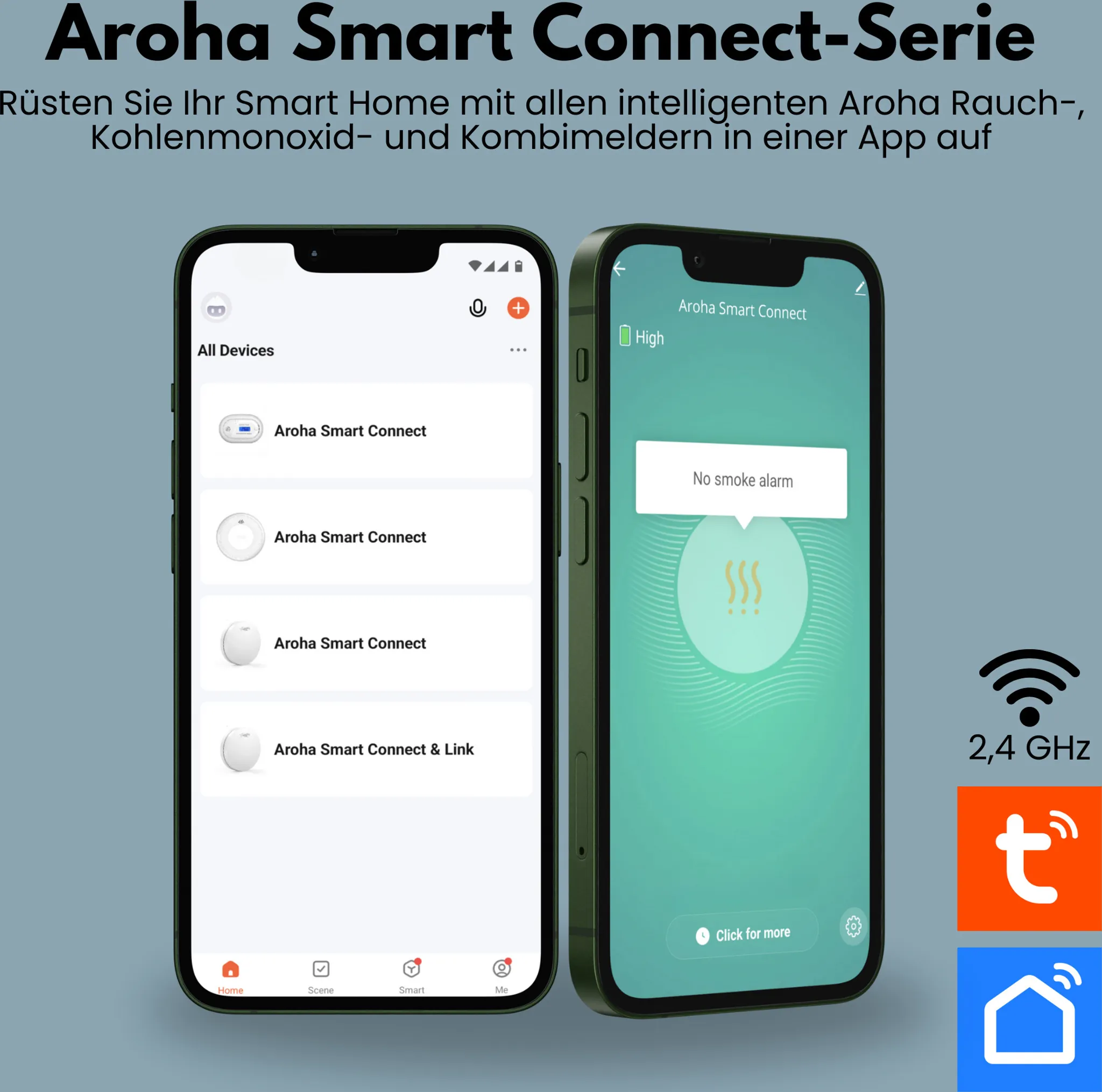 Zwei Smartphones zeigen die Benutzeroberfläche der Aroha Smart Connect App.