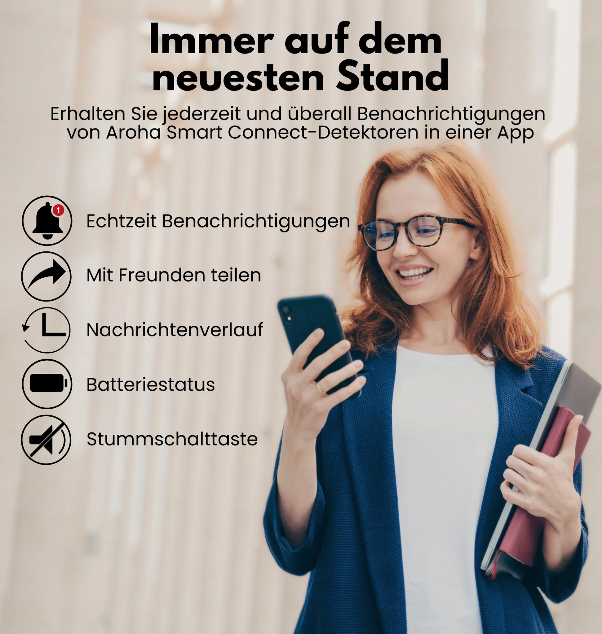 Frau, die ein Telefon und Akten hält, mit App-Symbolen und Text über Benachrichtigungen.