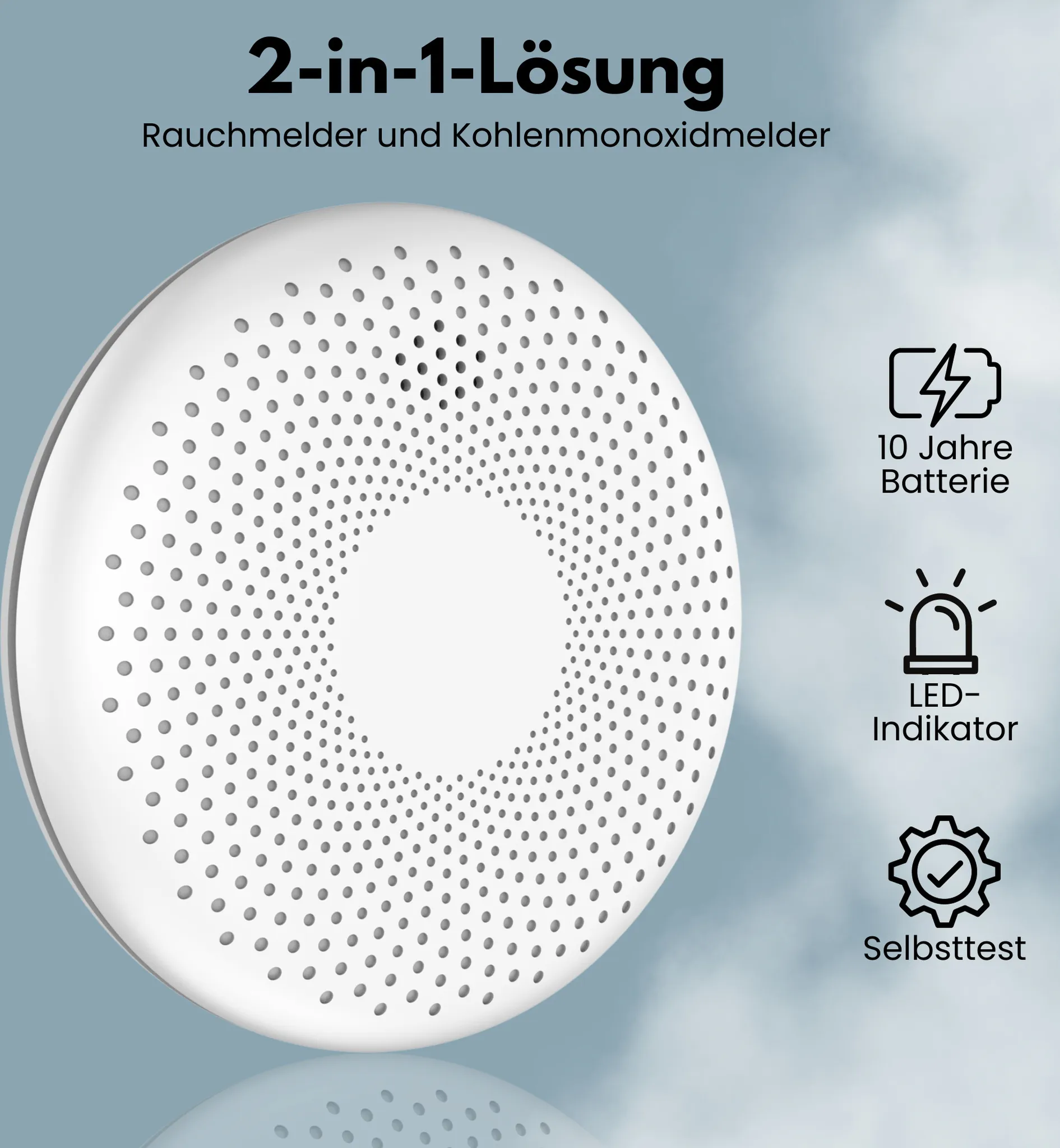 Weißer Rauchmelder mit 2-in-1-Lösungsdesign und Symbolen.