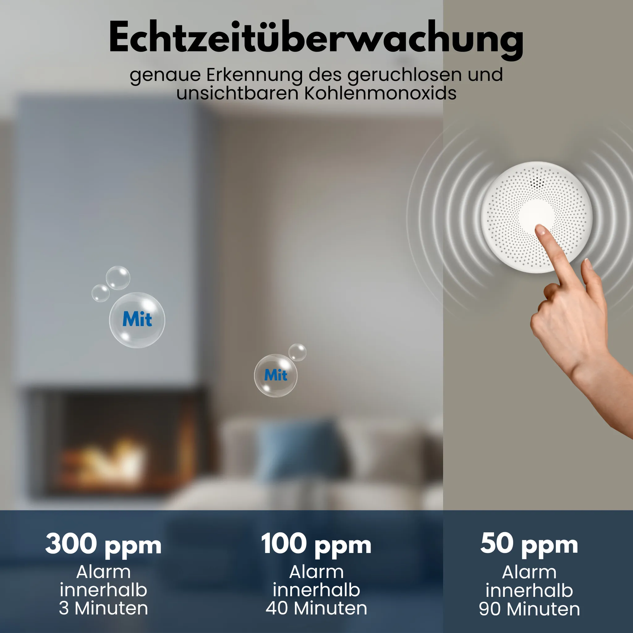 Diagramm, das CO-Erkennungszeiten (300 ppm, 100 ppm, 50 ppm) und einen Rauchmelder zeigt.