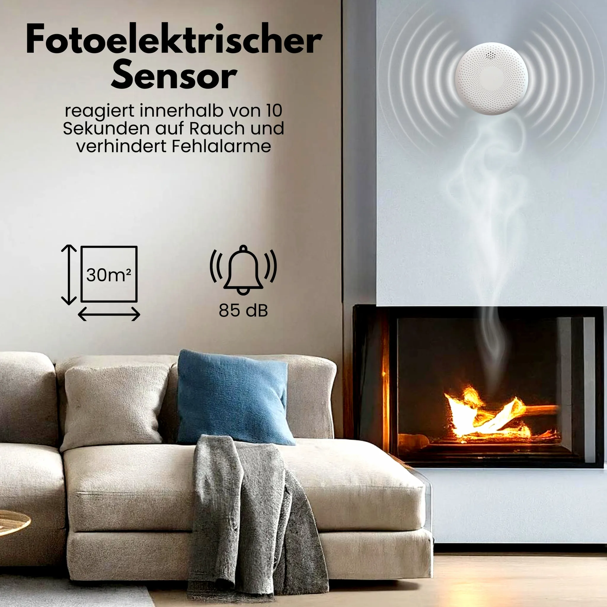Rauchmelder mit Kamin, Sofa und Text zur Raucherkennung.