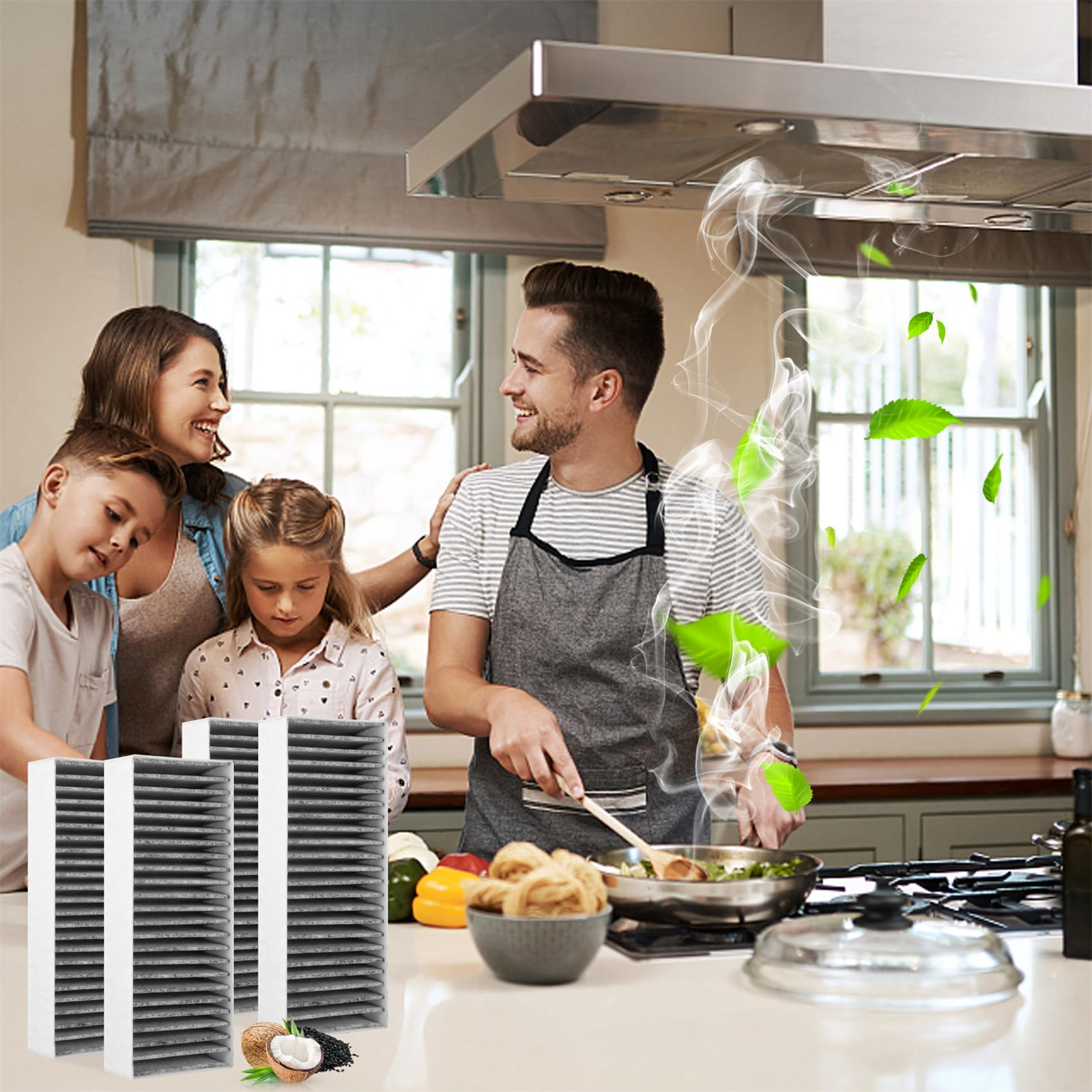 Familie in einer Küche mit einem Mann, der kocht, Luftfiltern und grünen Blättern in der Luft.