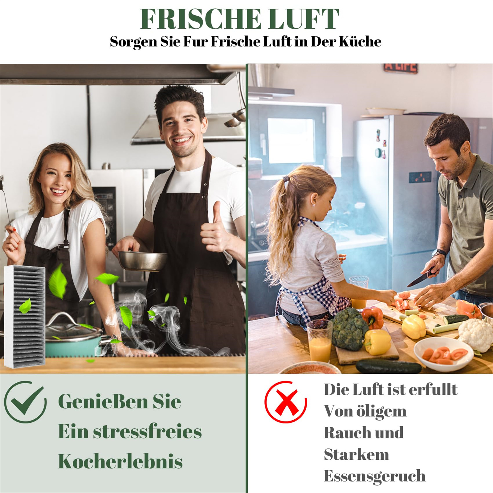 Zwei Bilder einer Küchenszene. Eines zeigt ein glückliches Paar, das andere ein Mädchen in einer Küche.