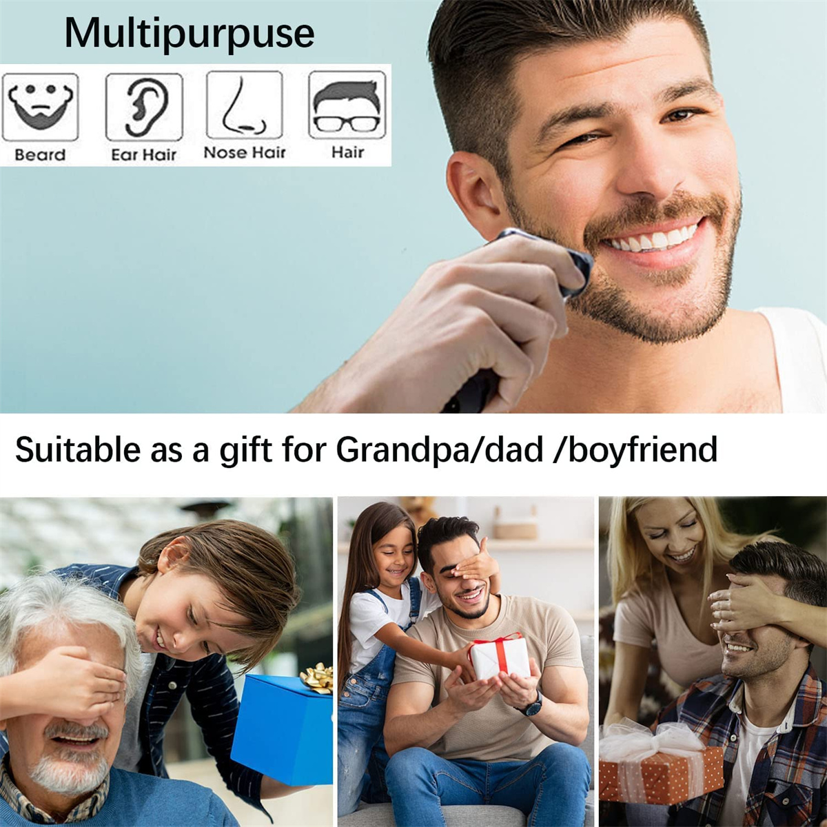 Mann benutzt Trimmer. Bilder zeigen Geschenke. Geeignet für Opa, Vater oder Freund.