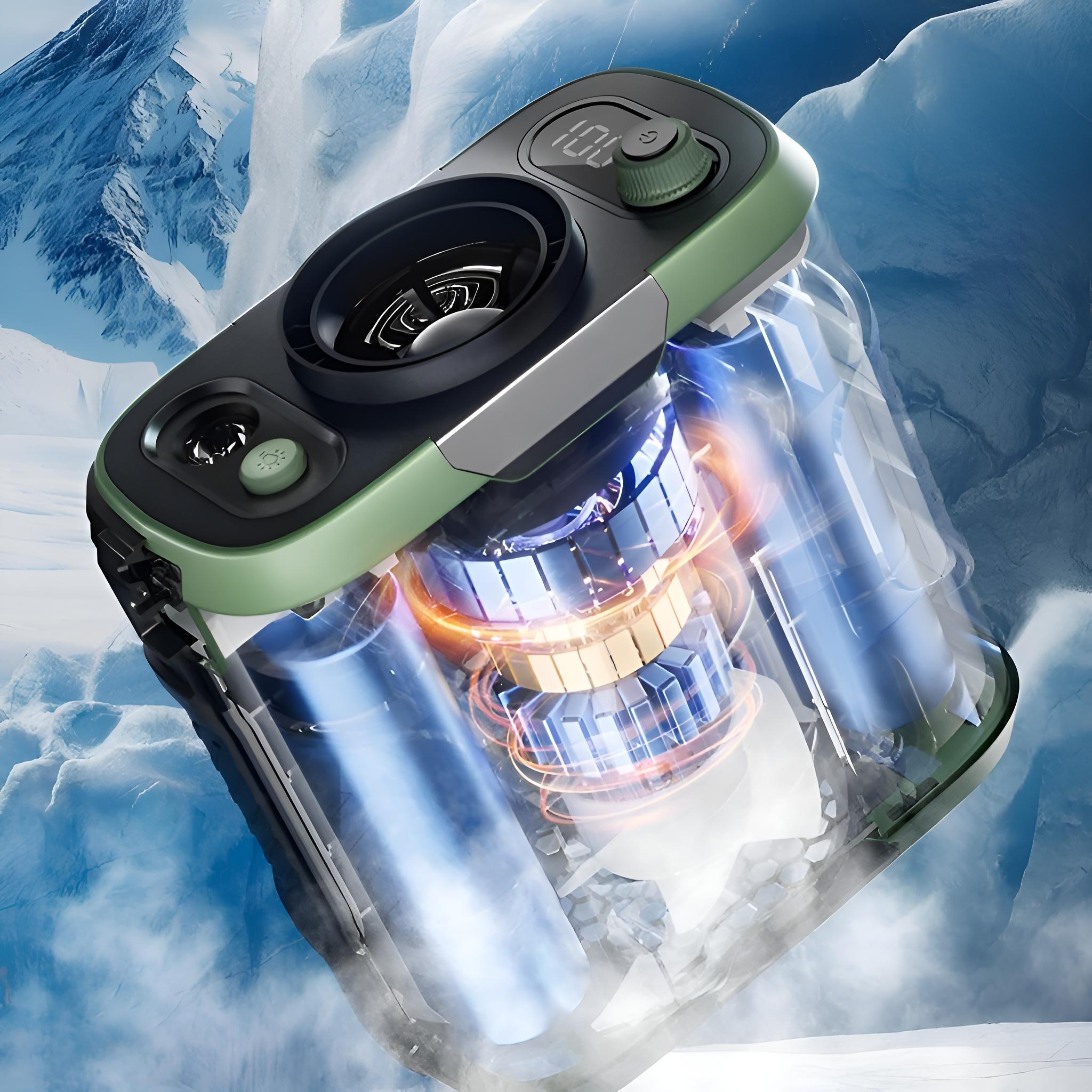 Gerät mit Batterien. Ein transparentes Gehäuse zeigt die Komponenten im Inneren, mit einem grünen Zifferblatt oben.