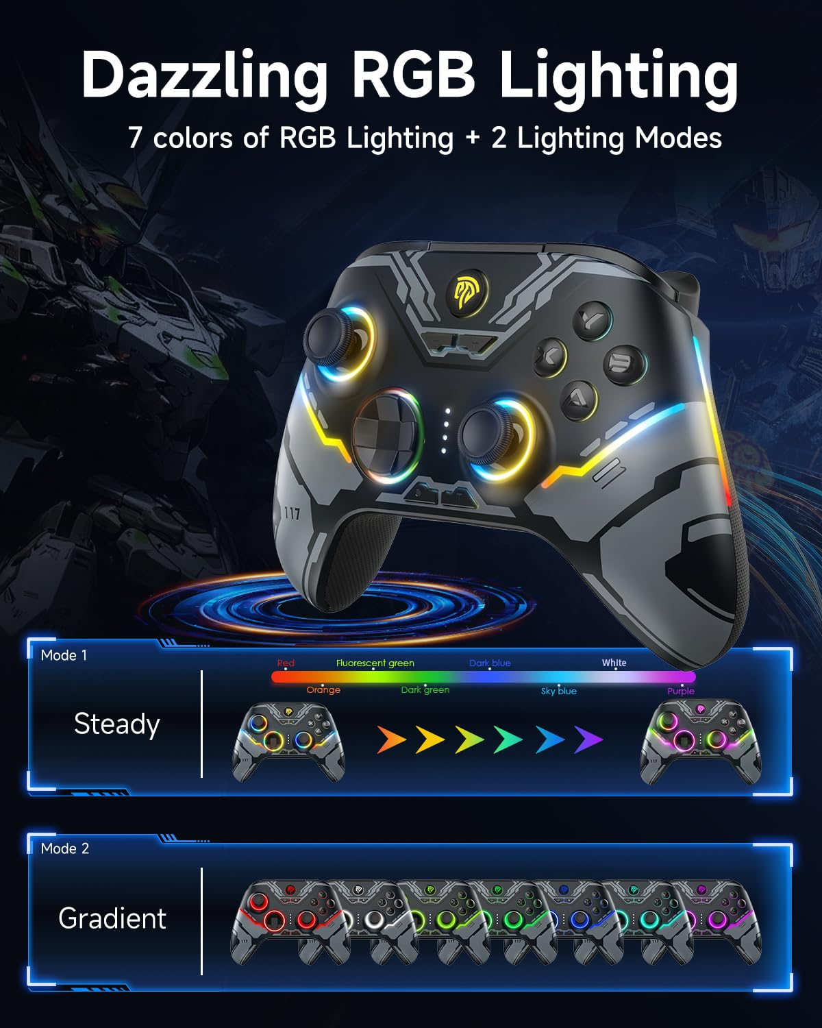 Gaming-Controller mit mehreren Tasten. Er hat bunte Beleuchtung und verschiedene Beleuchtungsmodi.