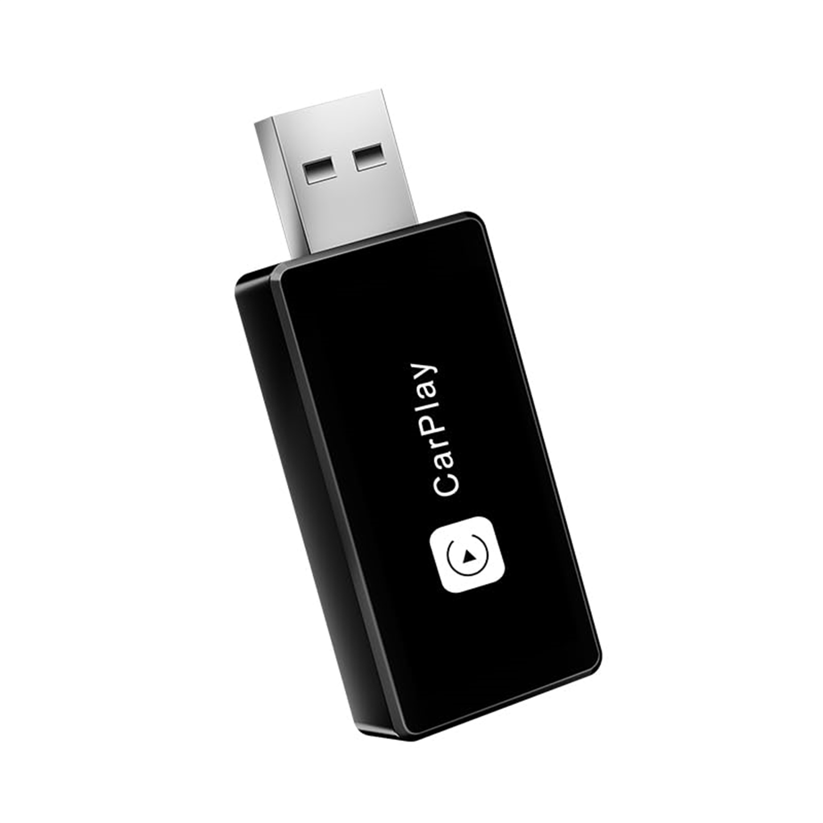 Ein schwarzes USB-Gerät mit dem Text 'CarPlay' und einem weißen Symbol. Das Gerät befindet sich vor einem weißen Hintergrund.