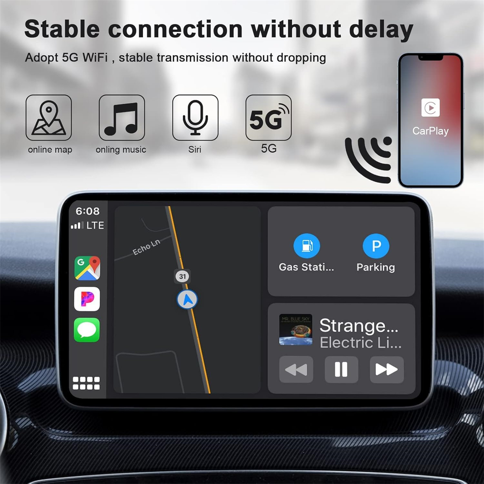 Dashboard-Bildschirm mit Karte und Musiksteuerung. Zeigt CarPlay an. 5G und andere Symbole sind sichtbar.