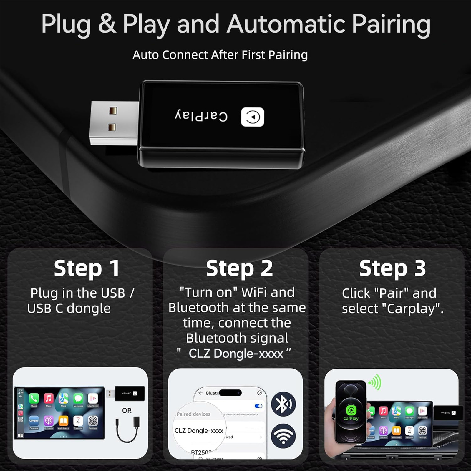 Diagramm, das die Schritte zum Anschließen eines USB-Adapters für Carplay zeigt. Drei Schritte mit Bildern und Text.