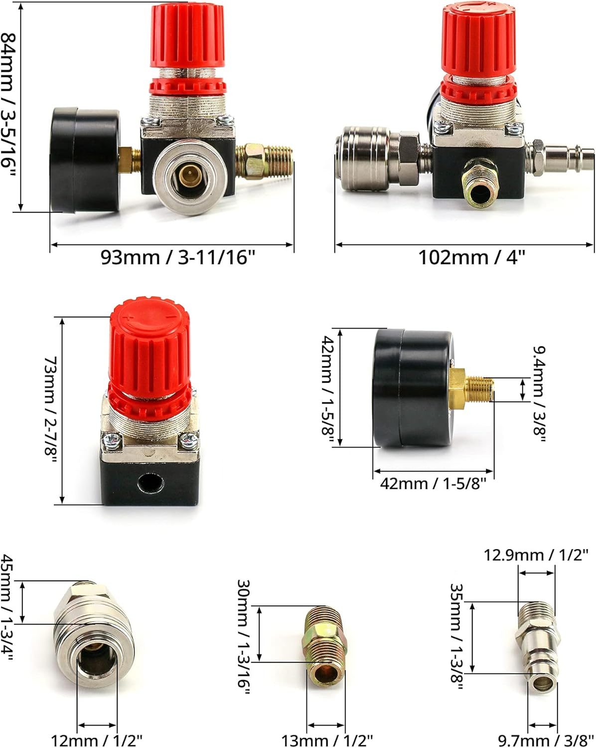 Diagramm des Luftdruckreglers mit Messungen. Beinhaltet verschiedene Armaturen mit Abmessungen in mm und Zoll.