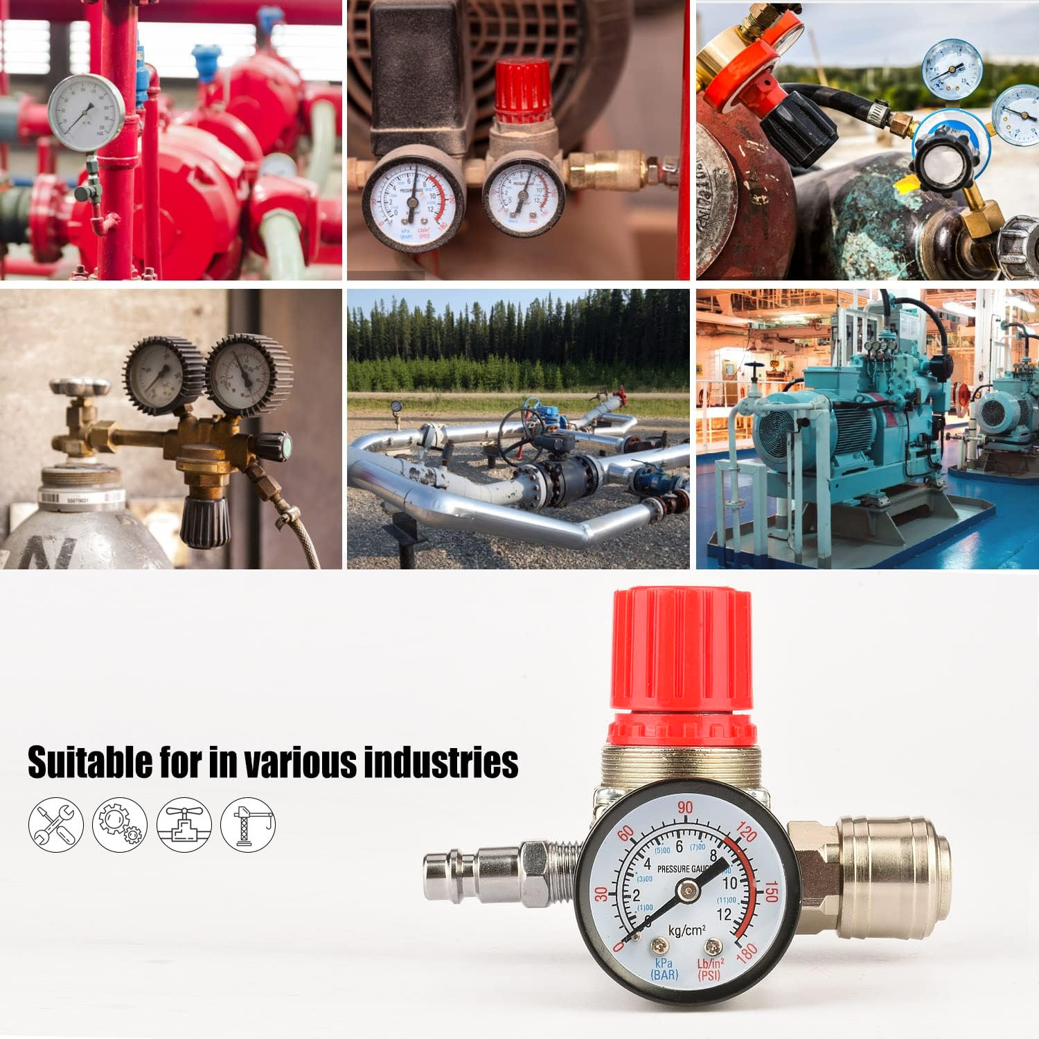 Mehrere Bilder zeigen Industrie-Messgeräte und -Ausrüstung. Rot und Silber. Verschiedene Branchen.