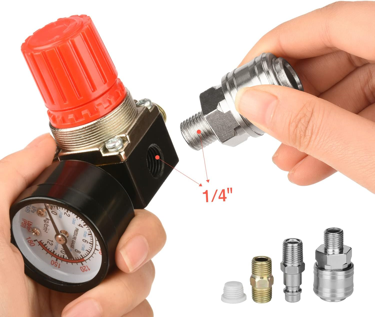 Hand, die ein Teil eines Luftdruckreglers montiert. Verschiedene Armaturen werden unten angezeigt, mit der Aufschrift '1/4"'.