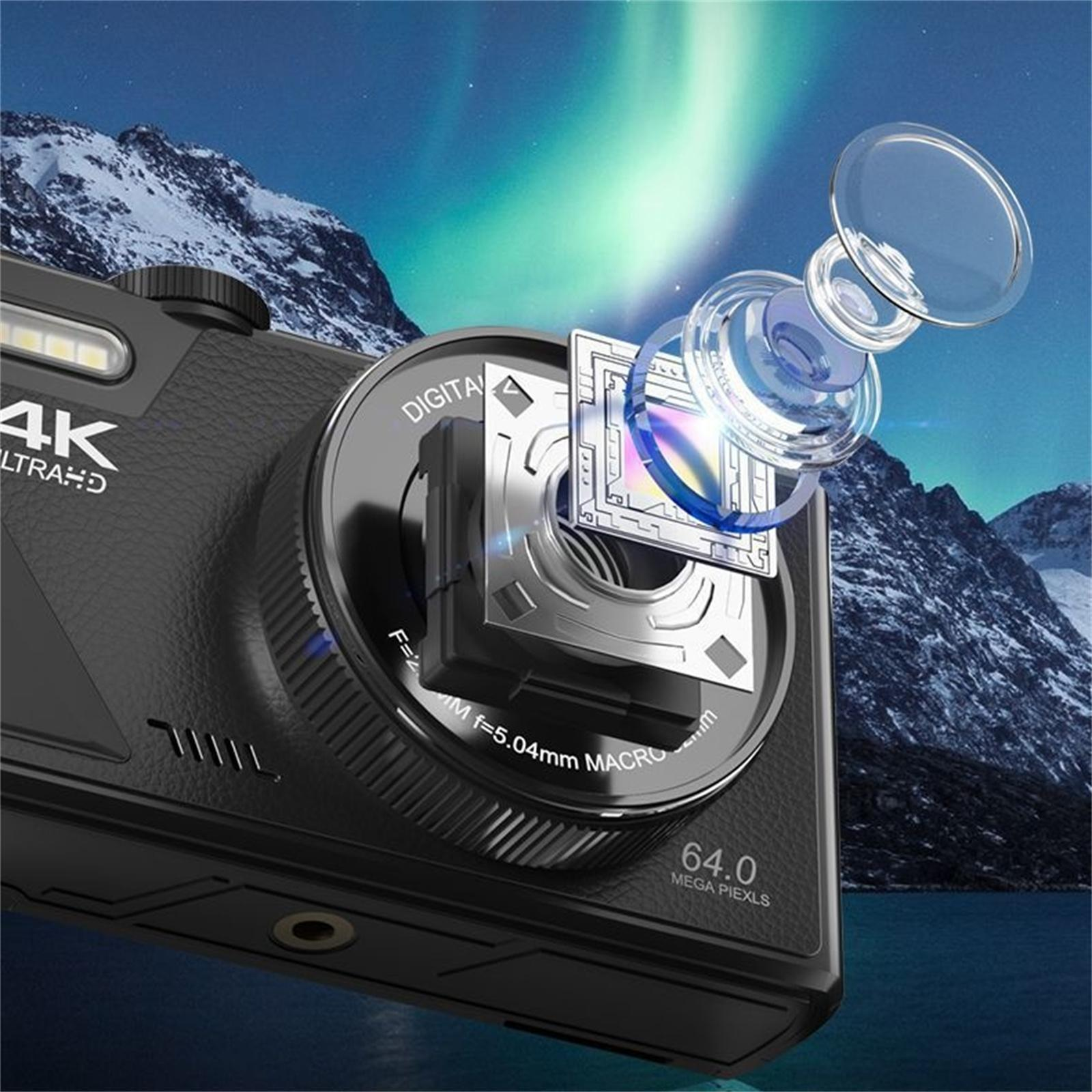 Schwarze Digitalkamera. Linsendetail zeigt ein komplexes System. Schneeberge und Nordlichter im Hintergrund.