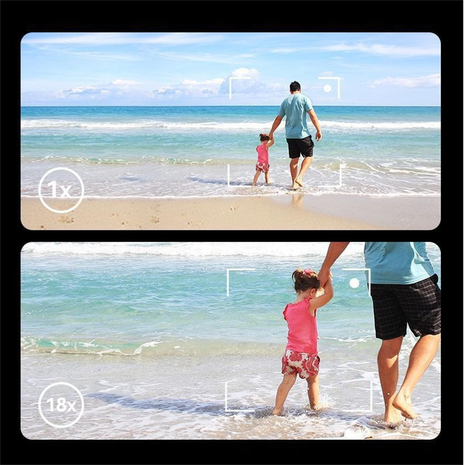 Ein Mann und ein Kind gehen am Strand entlang, aus zwei verschiedenen Zoomstufen betrachtet: 1x und 18x.