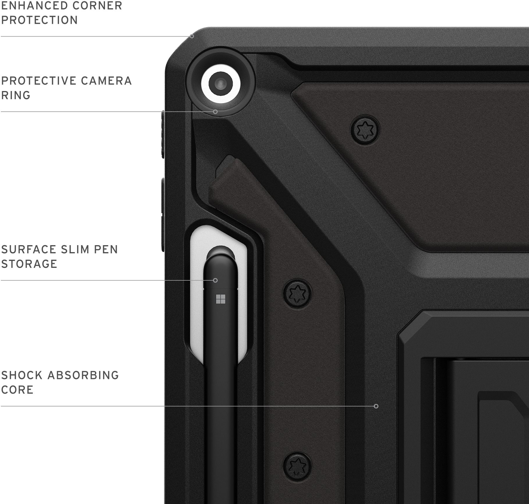Schutzhülle mit Surface Slim Pen-Aufbewahrung. Zeigt Kameraring und Details zum stoßdämpfenden Kern.
