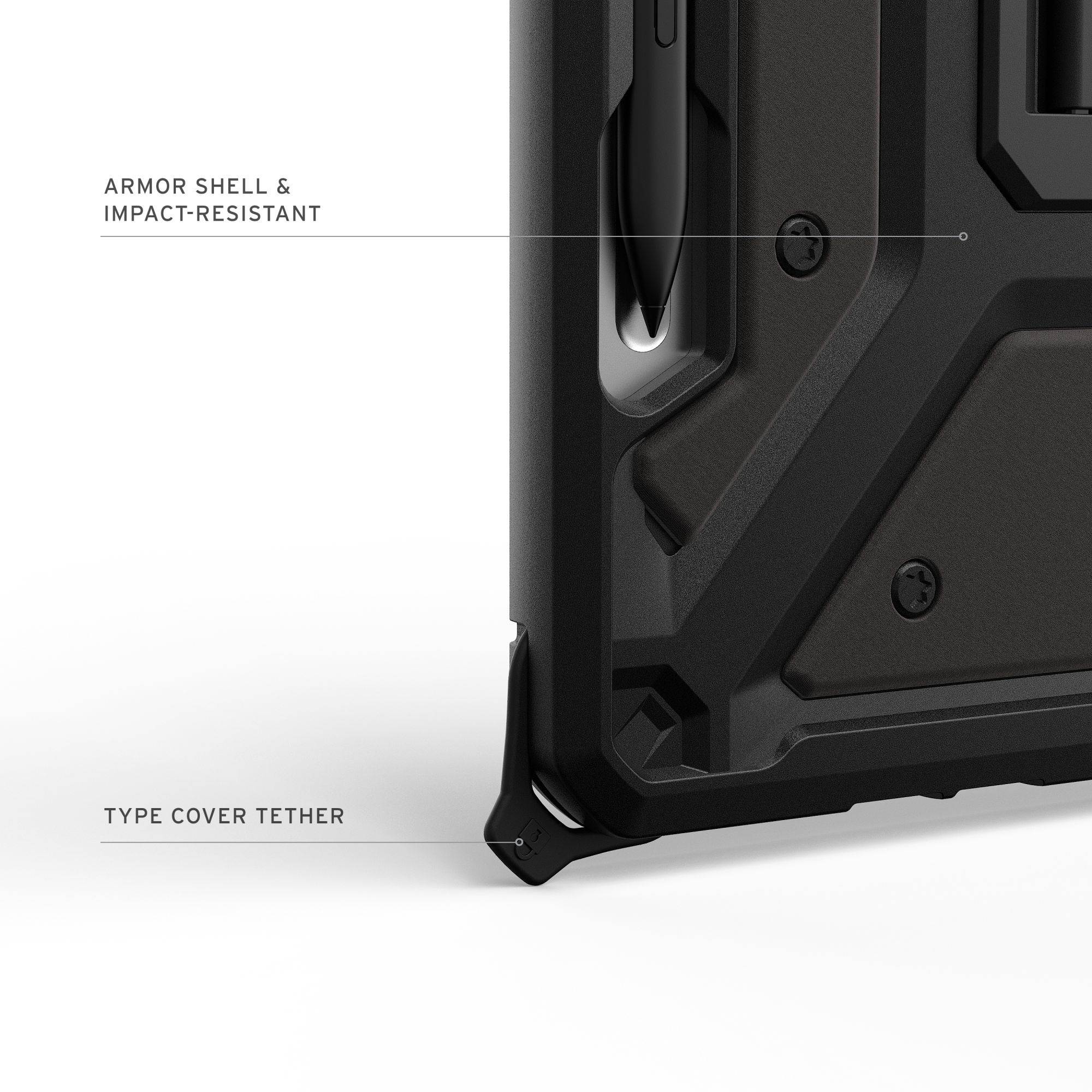 Nahaufnahme einer schwarzen, robusten Handyhülle. Text beschriftet die Panzerhülle und den Type Cover Tether.
