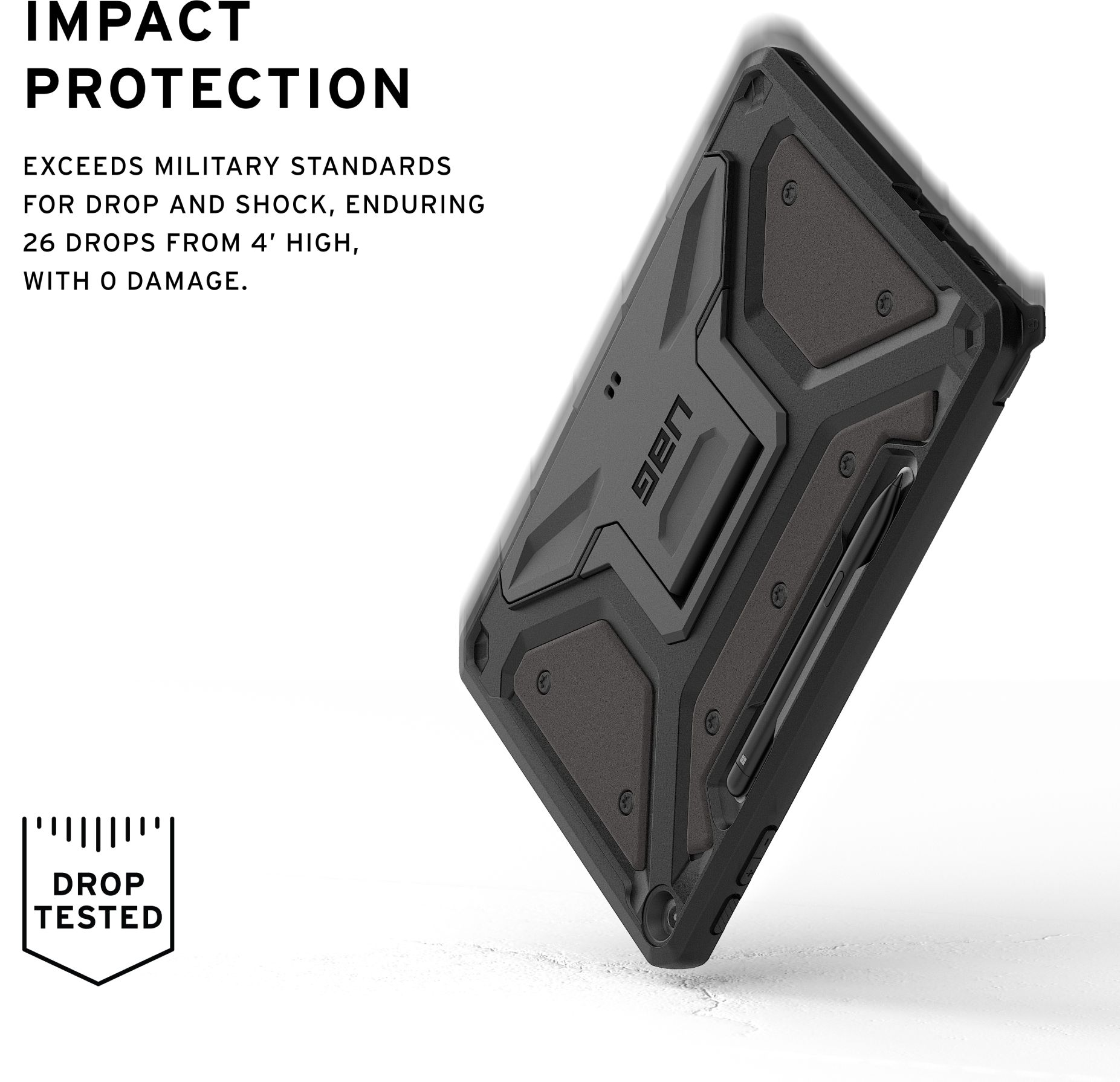 Schwarze Tablethülle mit UAG-Logo. Text über Aufprallschutz. Fallgetestet aus 4 Fuß. Weißer Hintergrund.