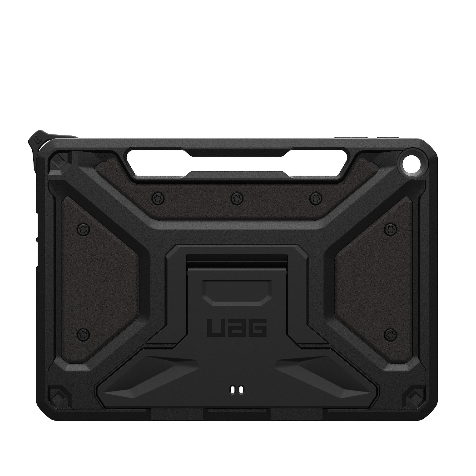 Schwarze Tablethülle mit UAG-Logo. Zeigt die Rückseite mit Ständer, isoliert auf weißem Hintergrund.