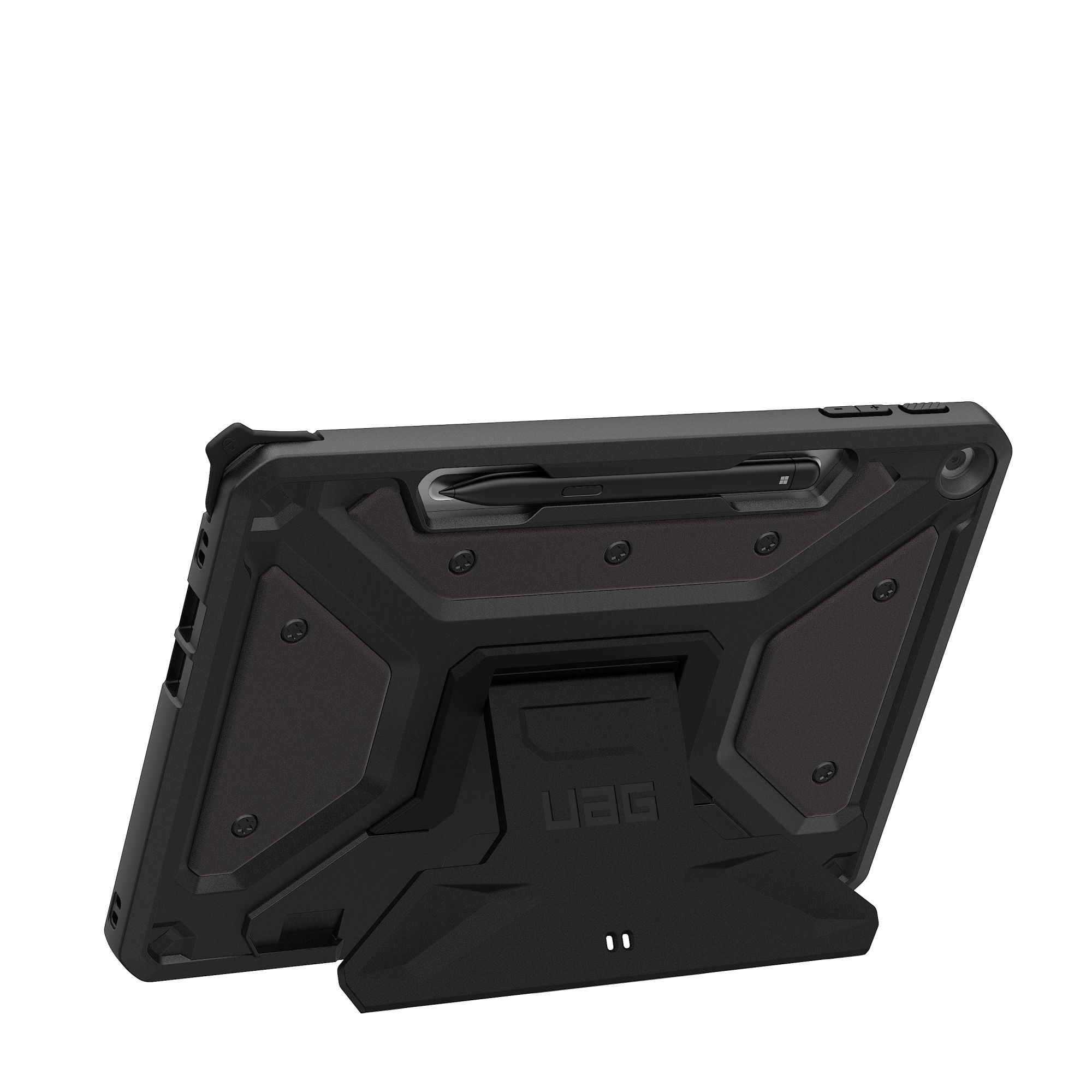 Schwarze Tablethülle mit UAG-Logo. Zeigt die Rückseite mit Ständer und Stifthalter. Isoliert auf weißem Hintergrund.