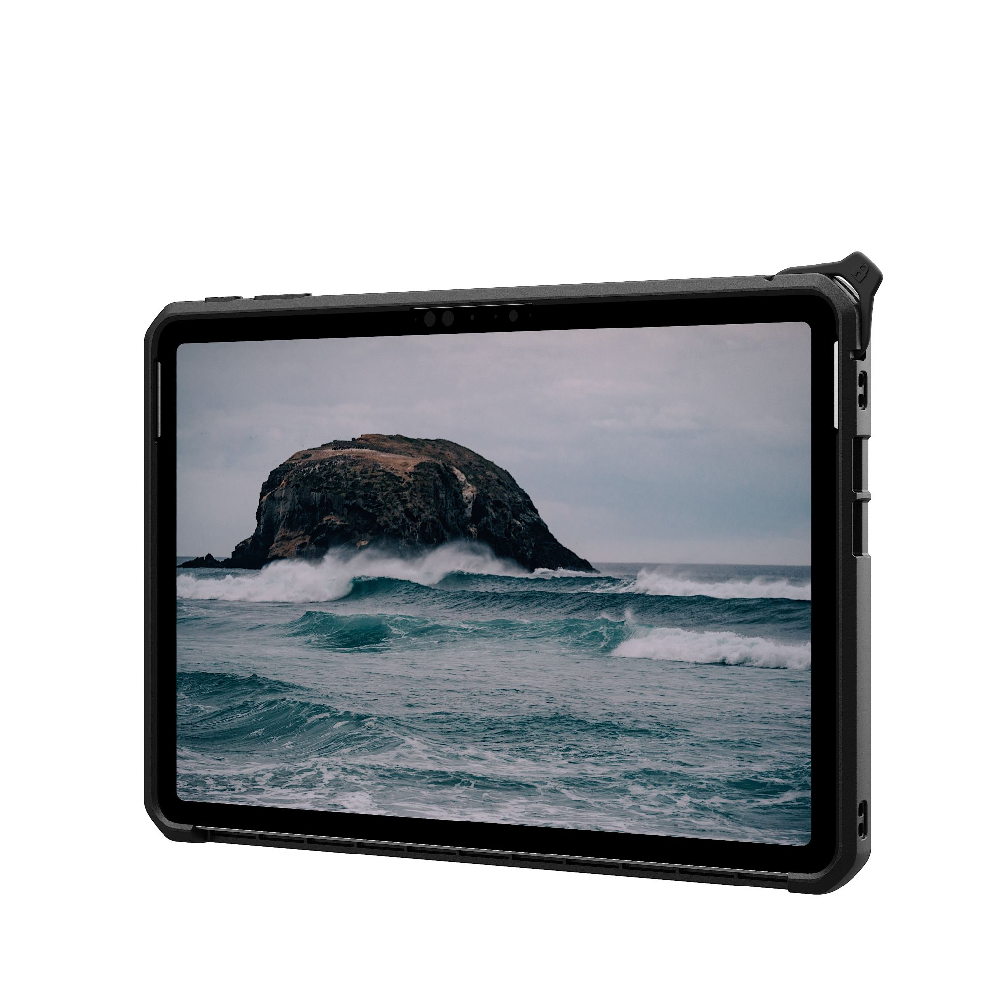 Ein schwarzes Tablet in einem Gehäuse zeigt eine Seelandschaft mit Wellen und einer Felseninsel.