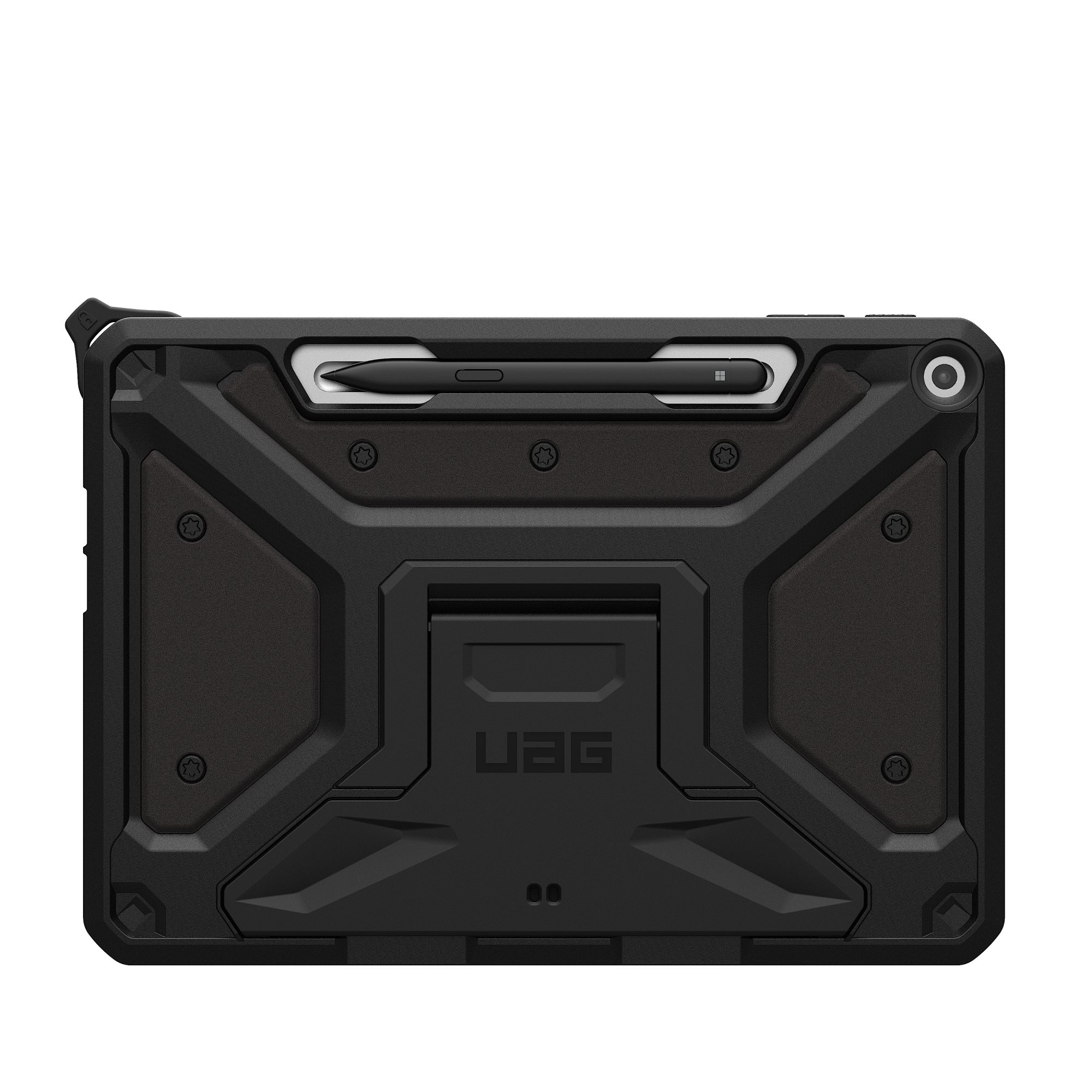 Schwarze Tablethülle mit UAG-Logo. Enthält einen Stifthalter auf der Rückseite. Isoliert auf weißem Hintergrund.