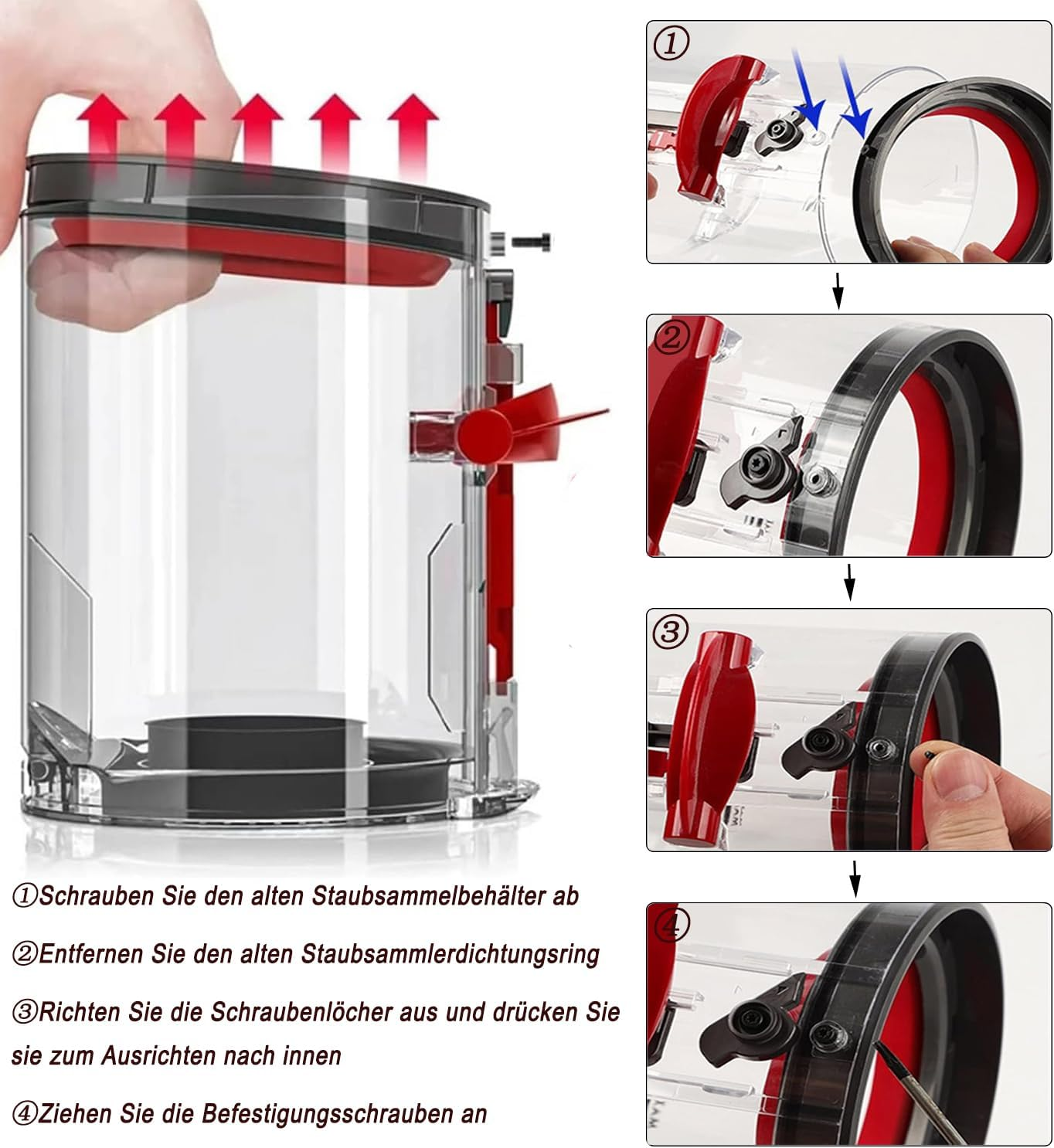 Diagramm eines Staubsaugerteils und die Schritte zum Zusammenbau der Teile.