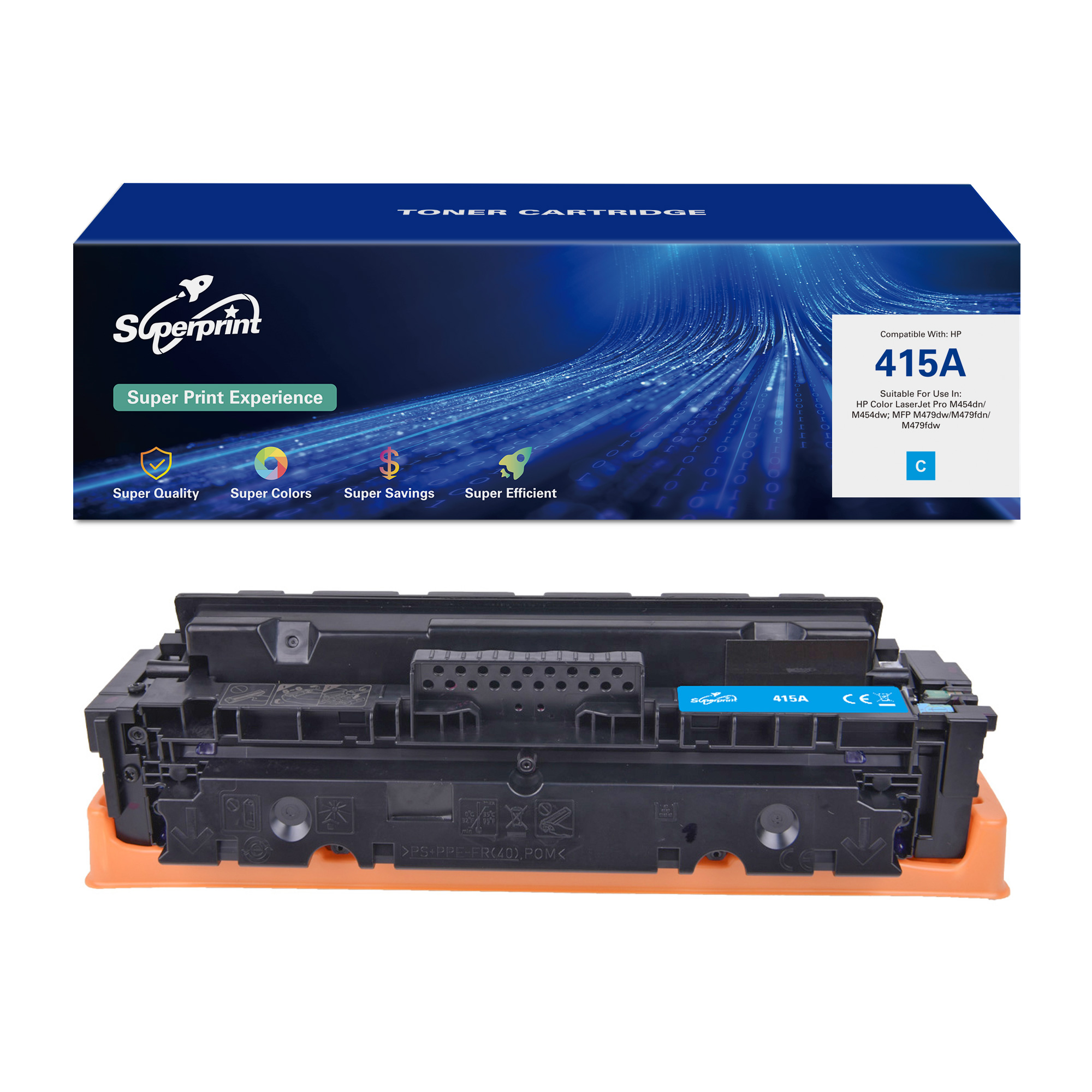 Een tonercartridgebox en cartridge worden op een witte achtergrond weergegeven.