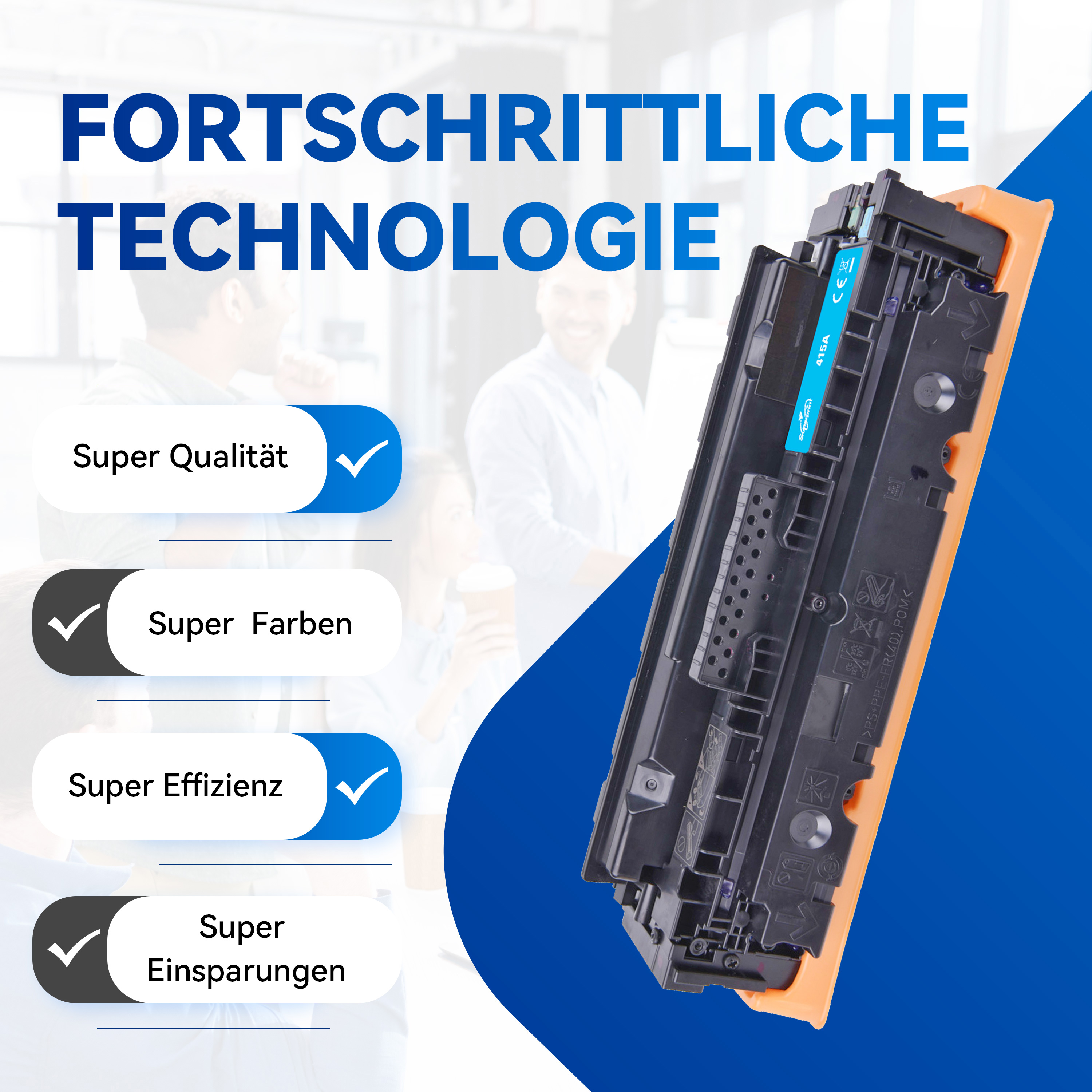 Een oranje en zwarte tonercartridge met tekst en vinkjes op een blauwe achtergrond.