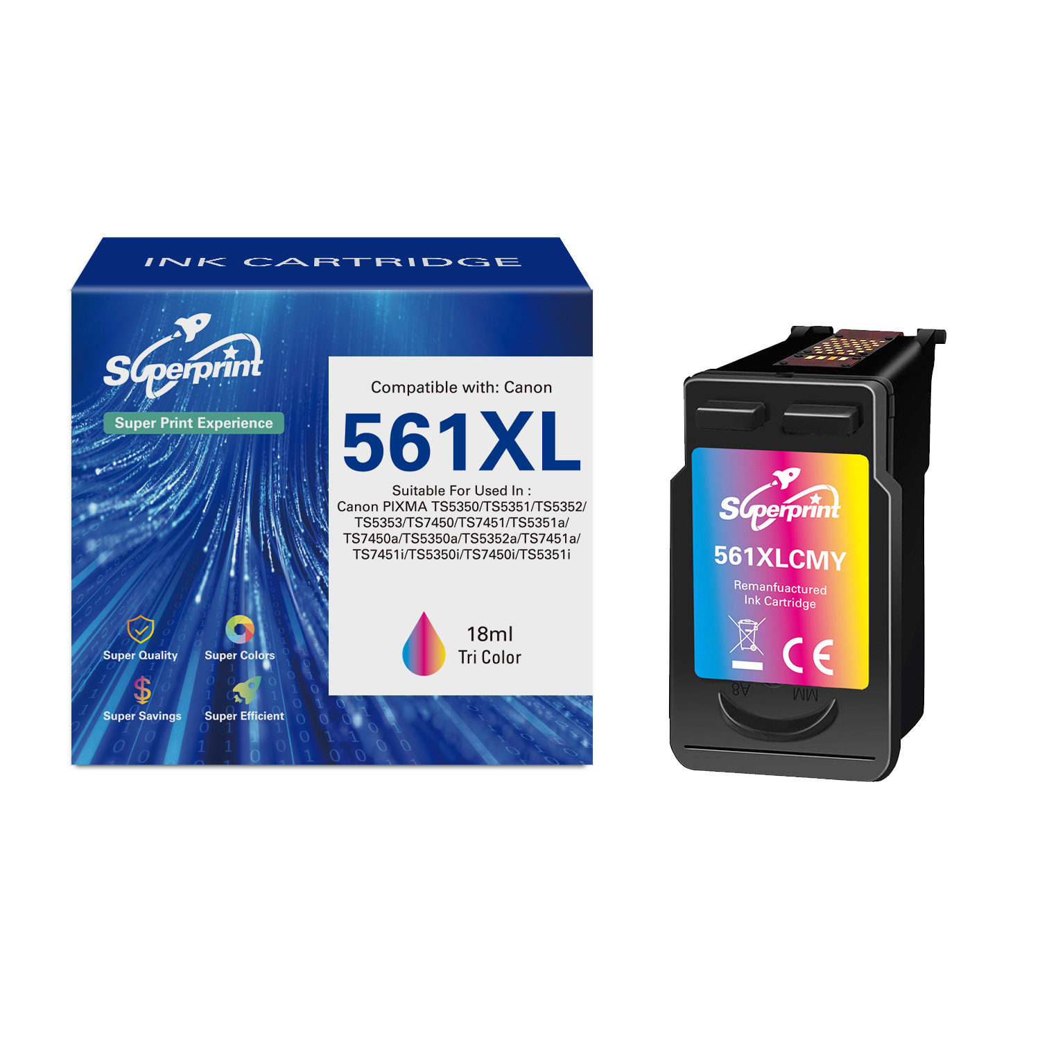Ink cartridge and box. The box is blue with text. The cartridge is pink and yellow.