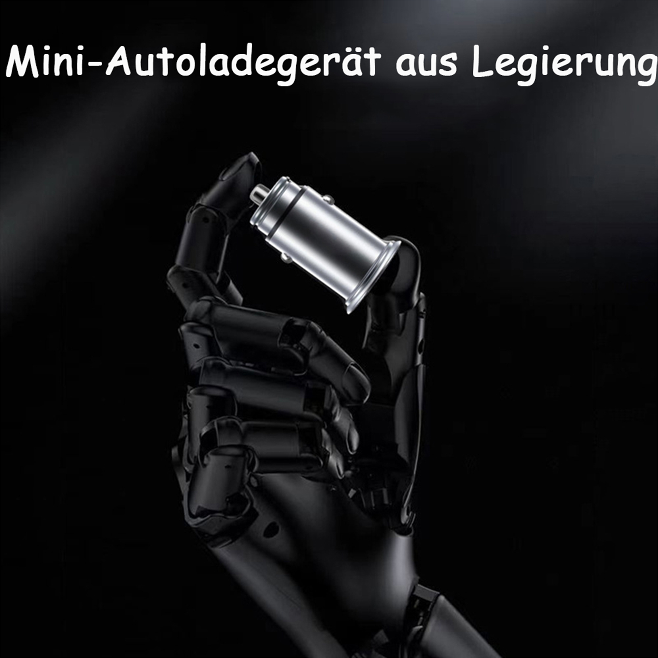 Eine schwarze Roboterhand hält ein silbernes Mini-Autoladegerät vor schwarzem Hintergrund.