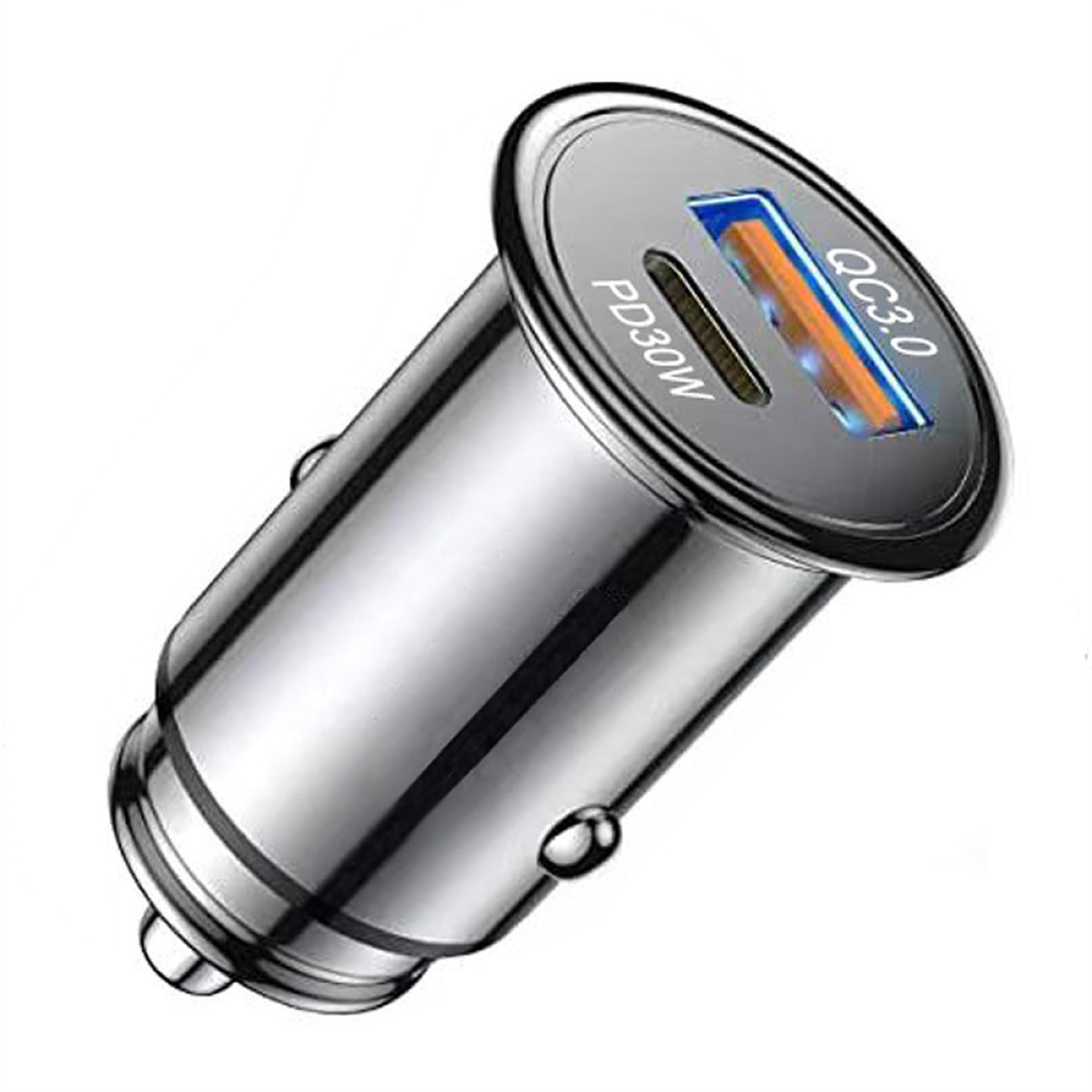Silbernes Autoladegerät mit USB-C-Anschluss, beschriftet mit PD30W und QC3.0, auf weißer Oberfläche.