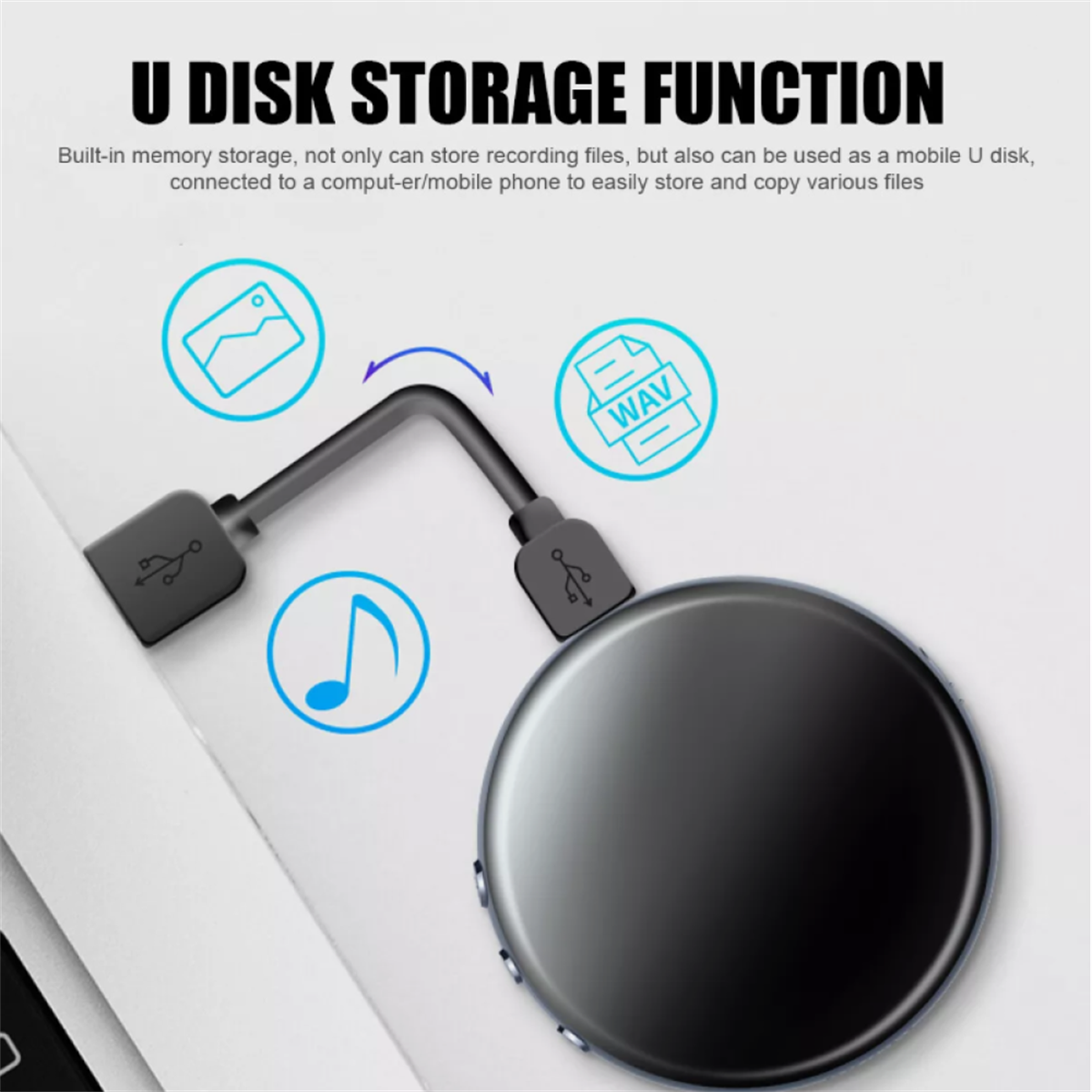 Schwarzer U-Disk an ein Telefon angeschlossen, mit Symbolen für Aufnahme- und Musikfunktion.