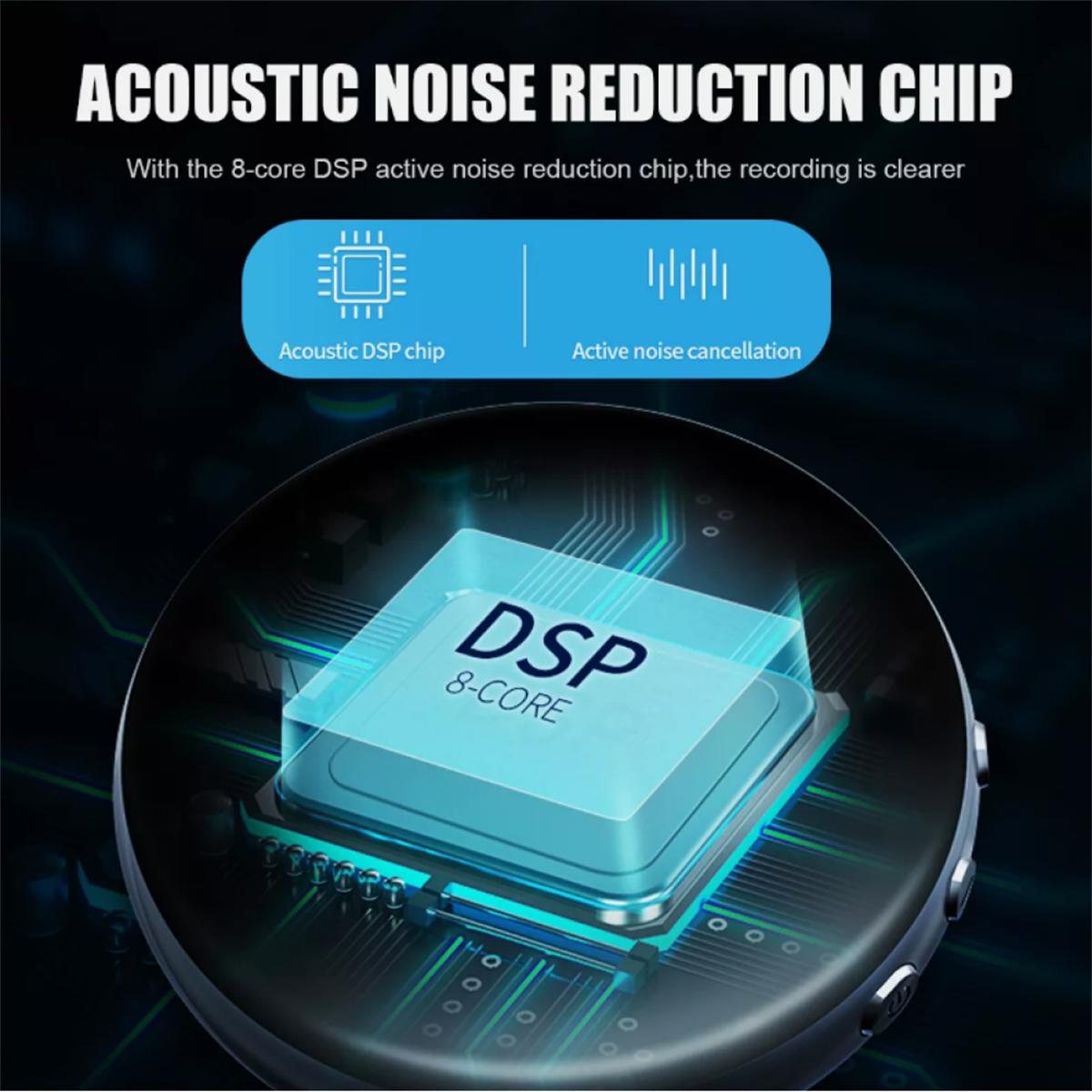 Grafik des Acoustic DSP-Chips mit 8-Kern-DSP und aktiver Geräuschunterdrückung auf technischem Hintergrund.
