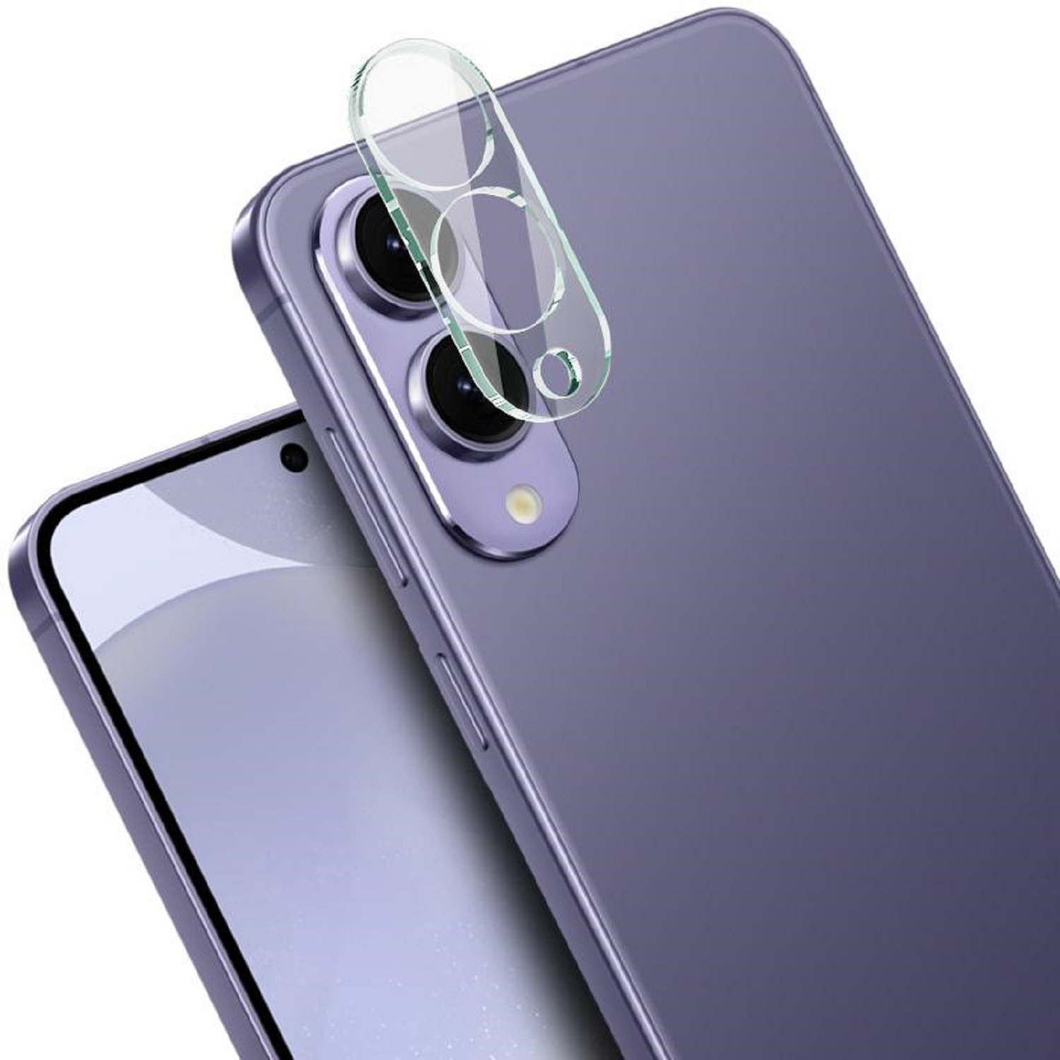 Ein Smartphone mit Schutzlinsenabdeckung, angewinkelt, zeigt die Rückkameras.