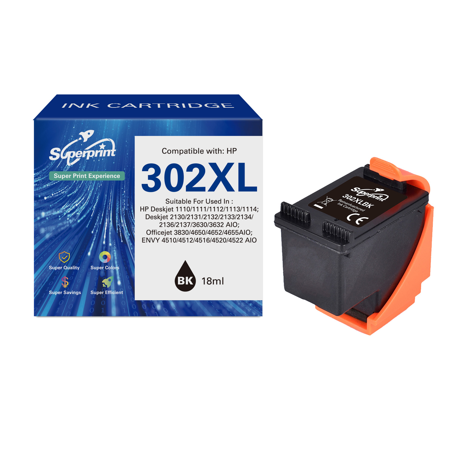 HP 302XL ink cartridge box and cartridge. The box is blue, and the cartridge is black.