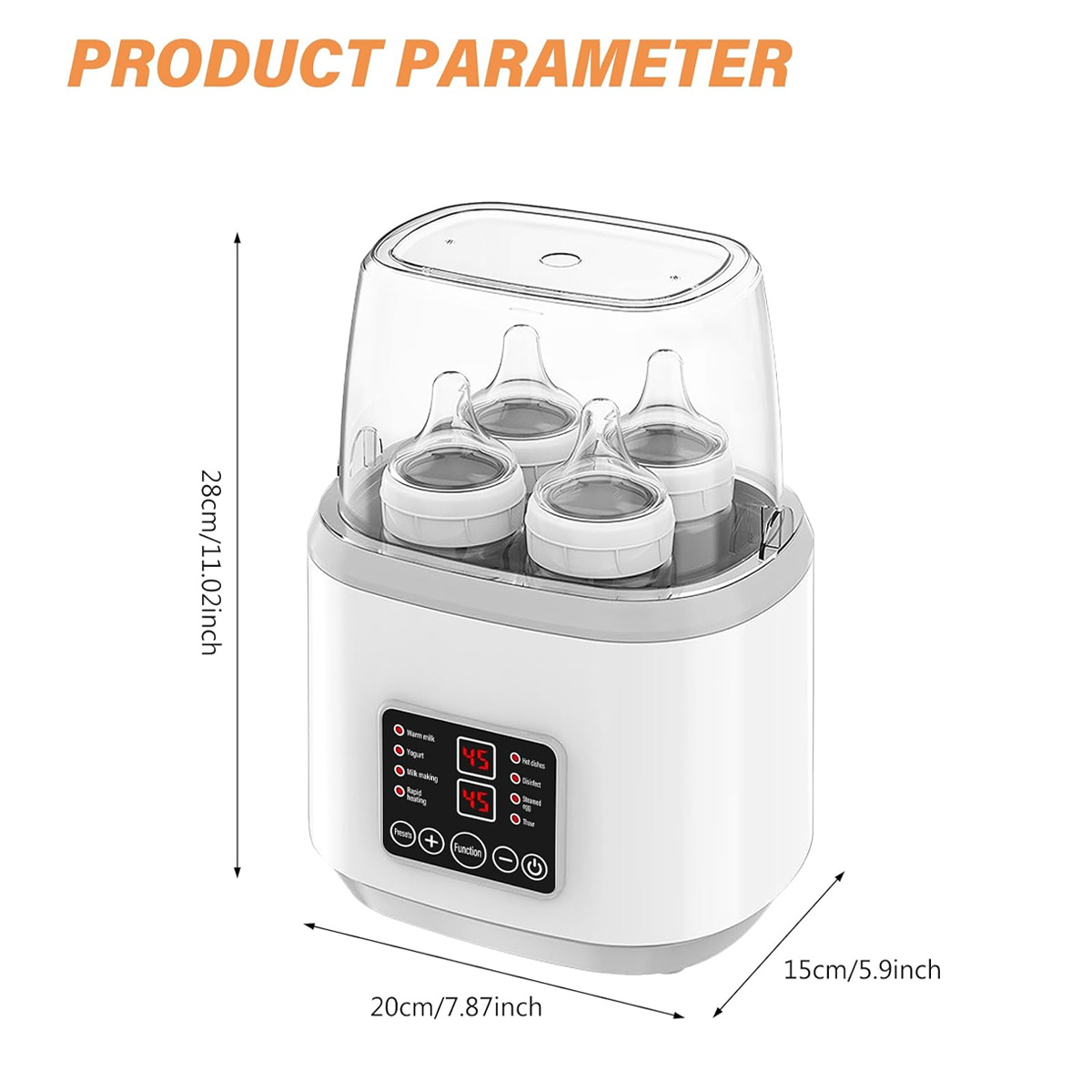 Babyflaschensterilisator mit Abmessungen, der Flaschen hält.  Hat Bedienfeld mit Display.