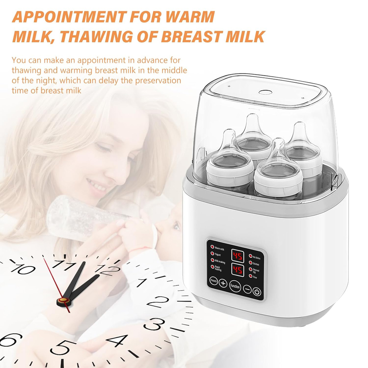 Ein Babyflaschenwärmer mit Flaschen, eine Uhr und eine Mutter mit Baby, Fokus auf dem Wärmer.