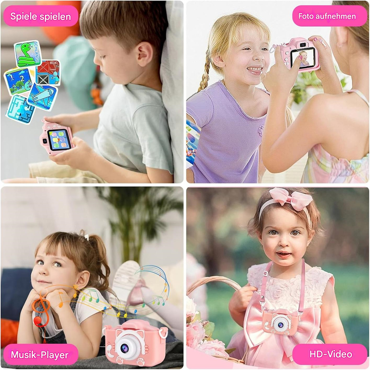Collage von Kindern, die mit rosa Spielzeugkameras spielen.
