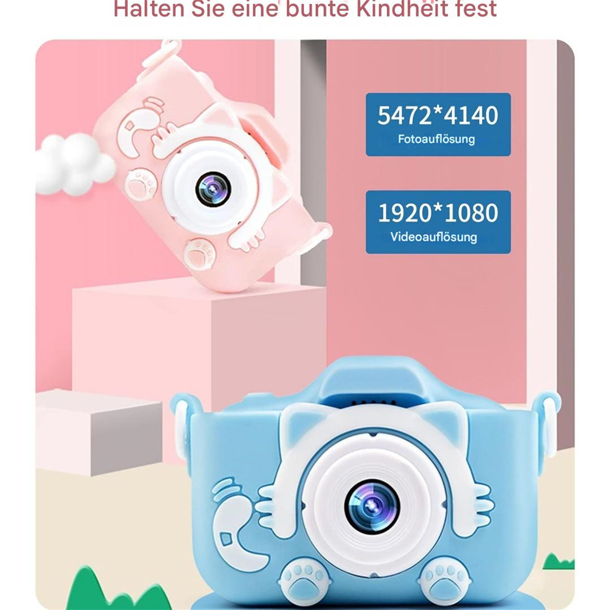 Zwei Spielzeugkameras, eine rosa und eine blaue, mit hochauflösenden Details.