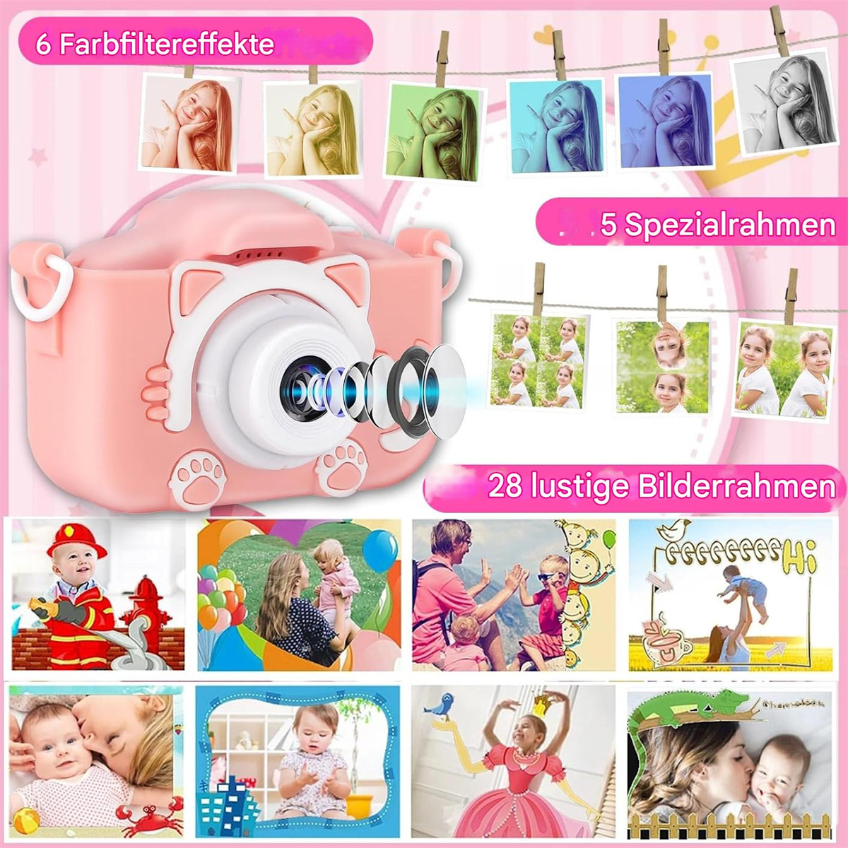 Rosa, katzenförmige Spielzeugkamera mit mehreren Fotobildern und Filtereffekten.